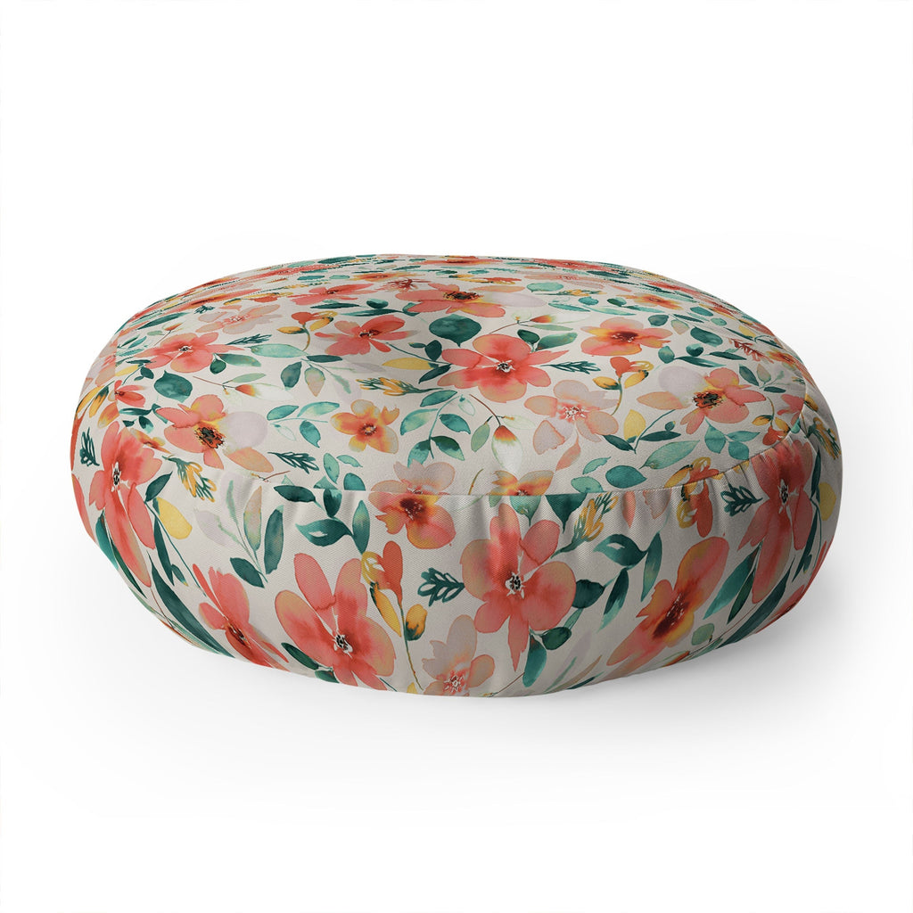 Ninola Design Botanic Retreat Tropical Whimsical Flowers Coral Green Floor Pillow Round