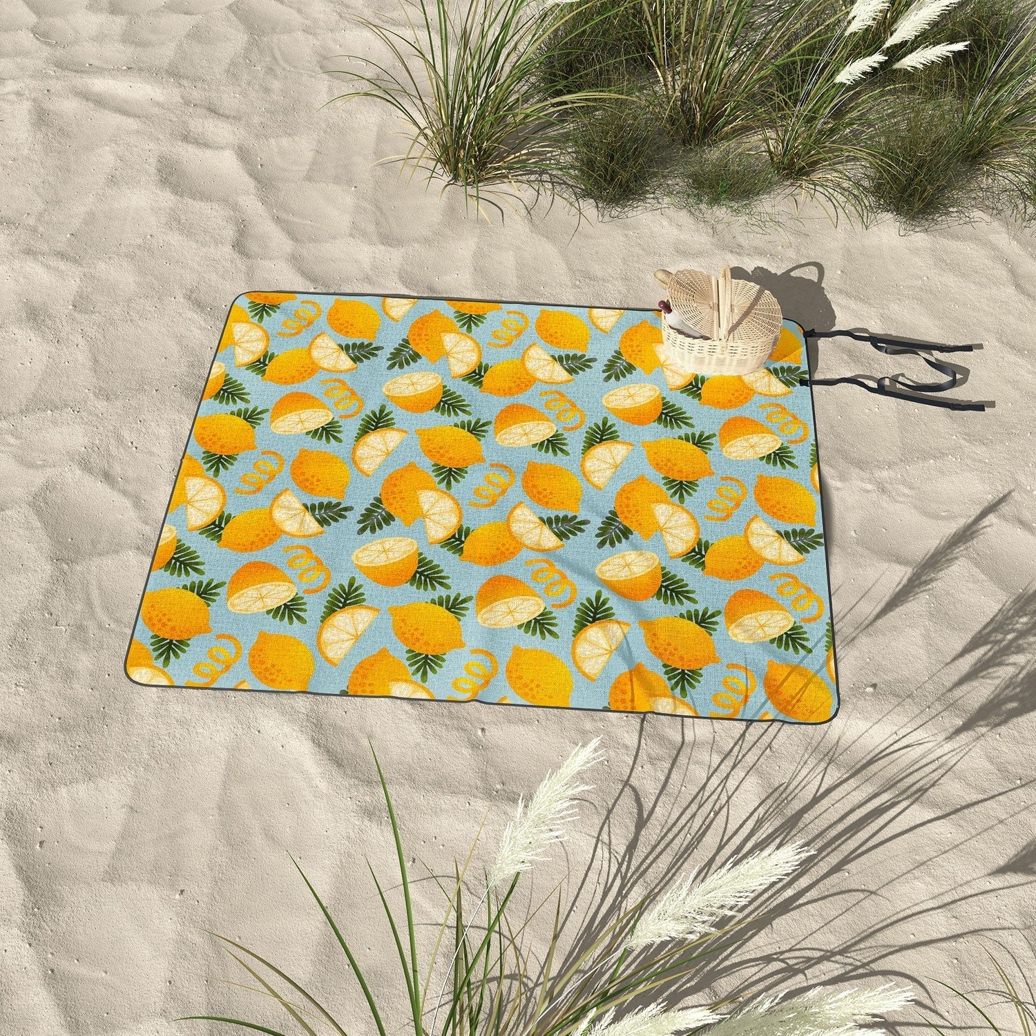 Jessica Molina Lemon Pattern on Sky Blue Picnic Blanket