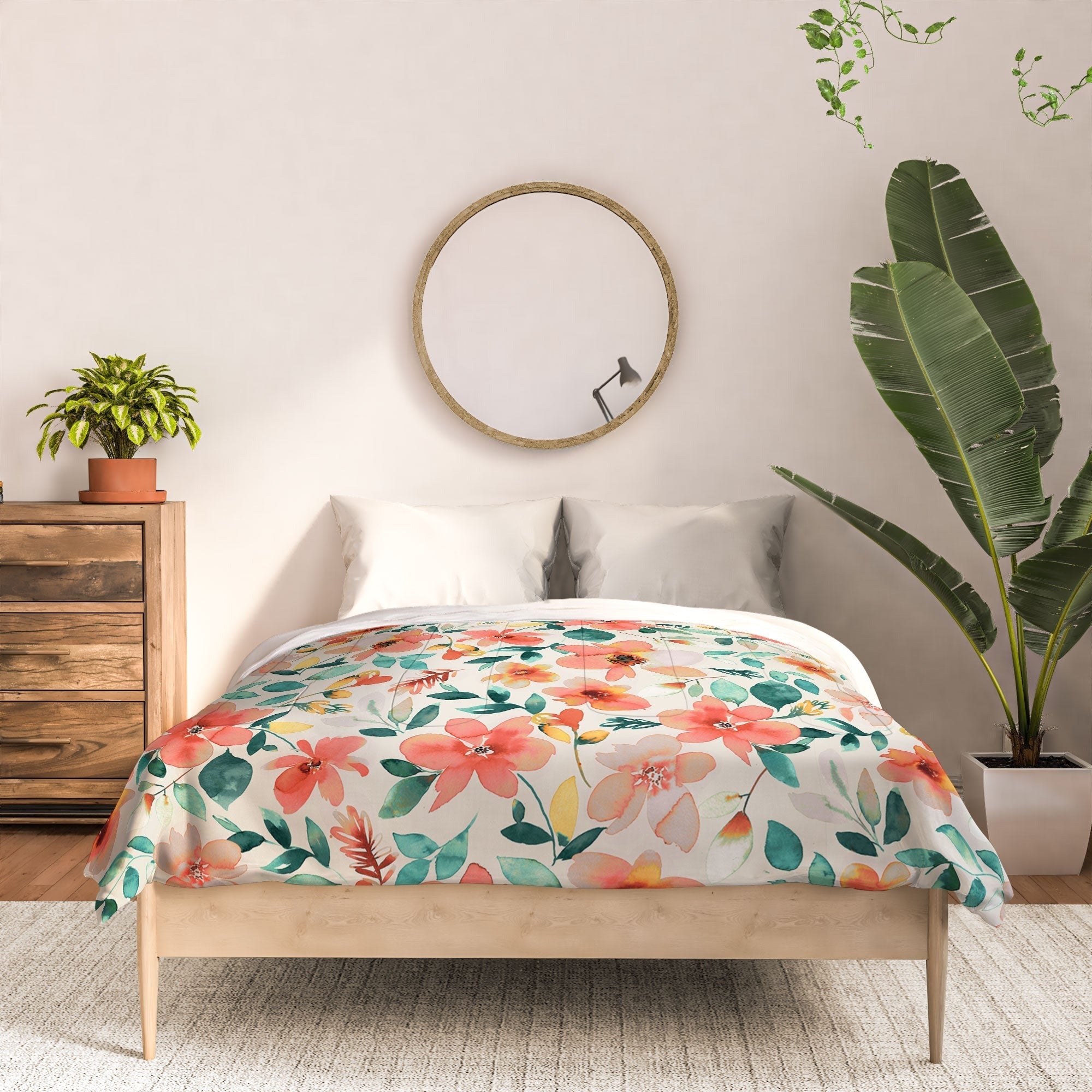 Ninola Design Botanic Retreat Tropical Whimsical Flowers Coral Green Comforter