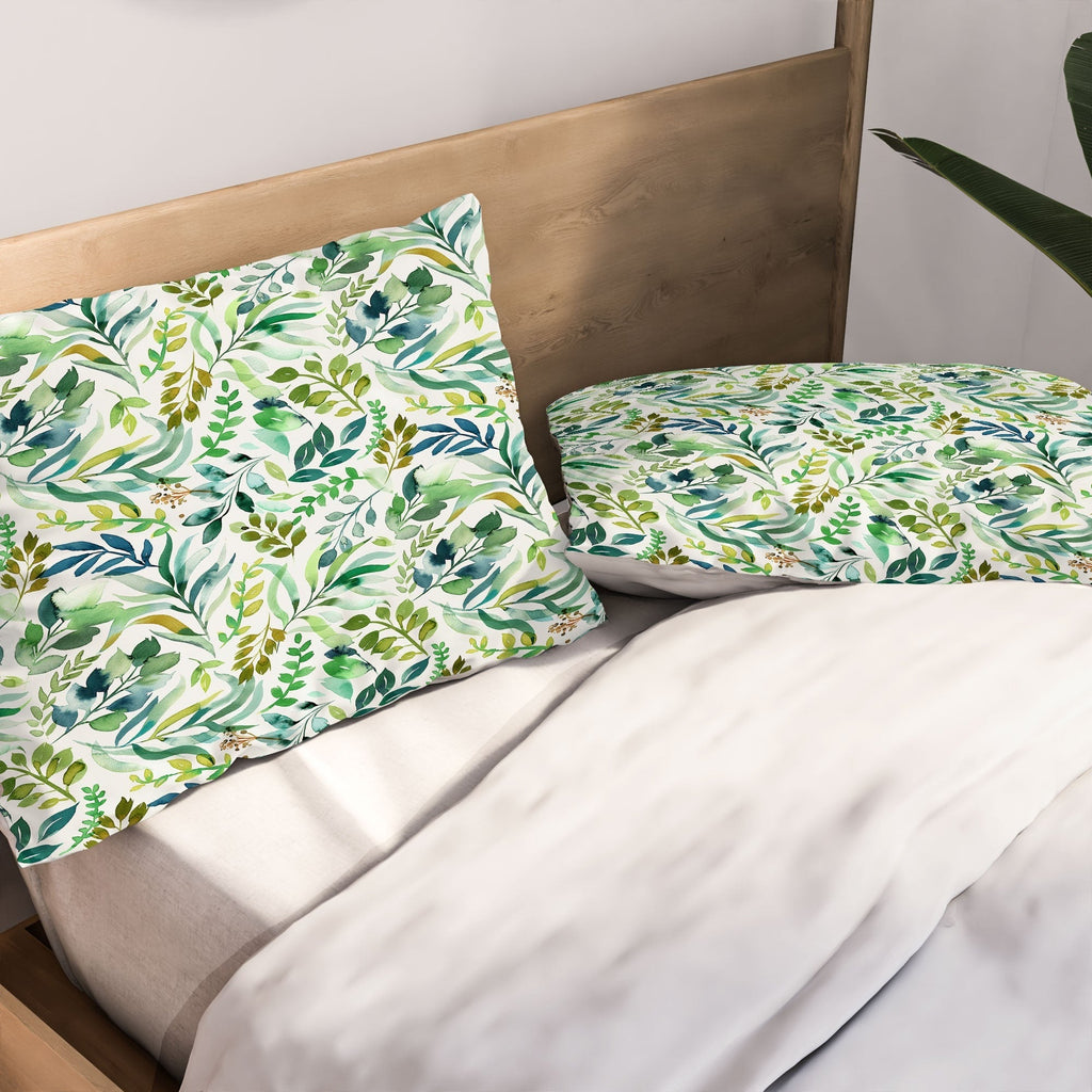 Ninola Design Botanic Retreat Loose Botanical Leaves Watercolor Green Pillow Shams