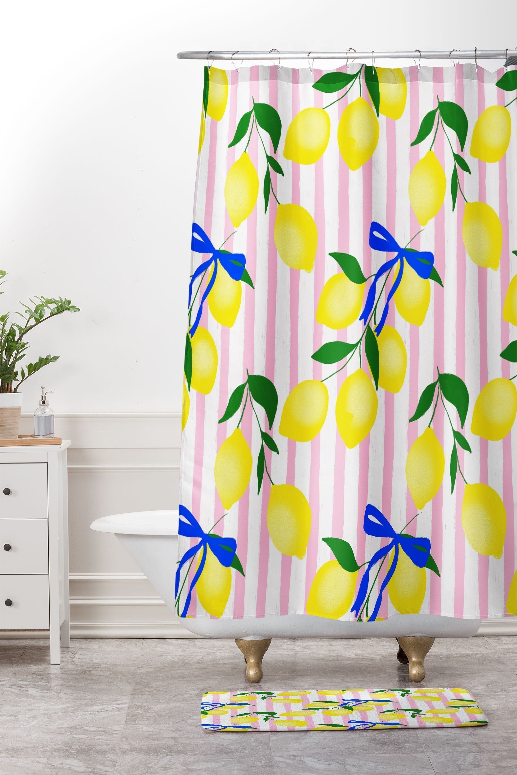 Design by Spark Zesty Lemons and Stripes Shower Curtain And Mat