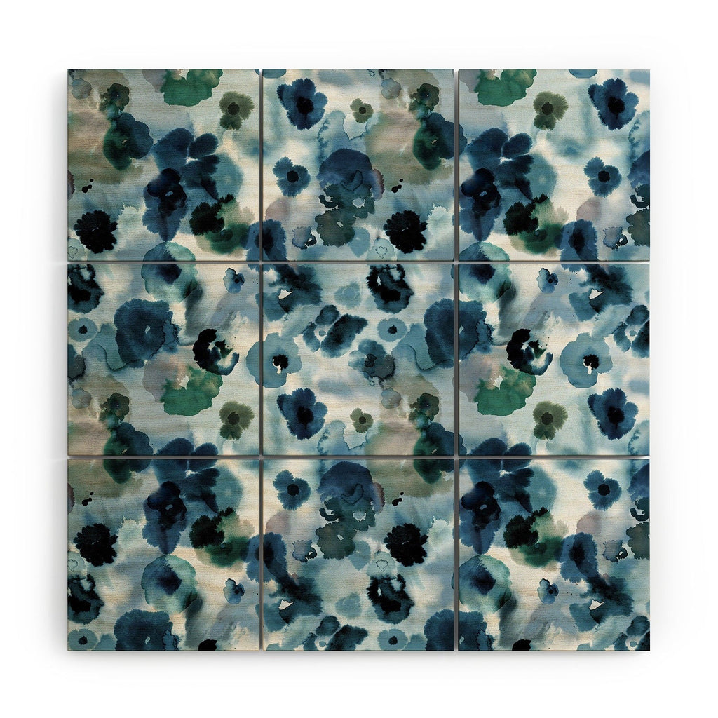 Ninola Design Botanic Retreat Ombre Abstract Watercolor Flowers Blue Navy Wood Wall Mural