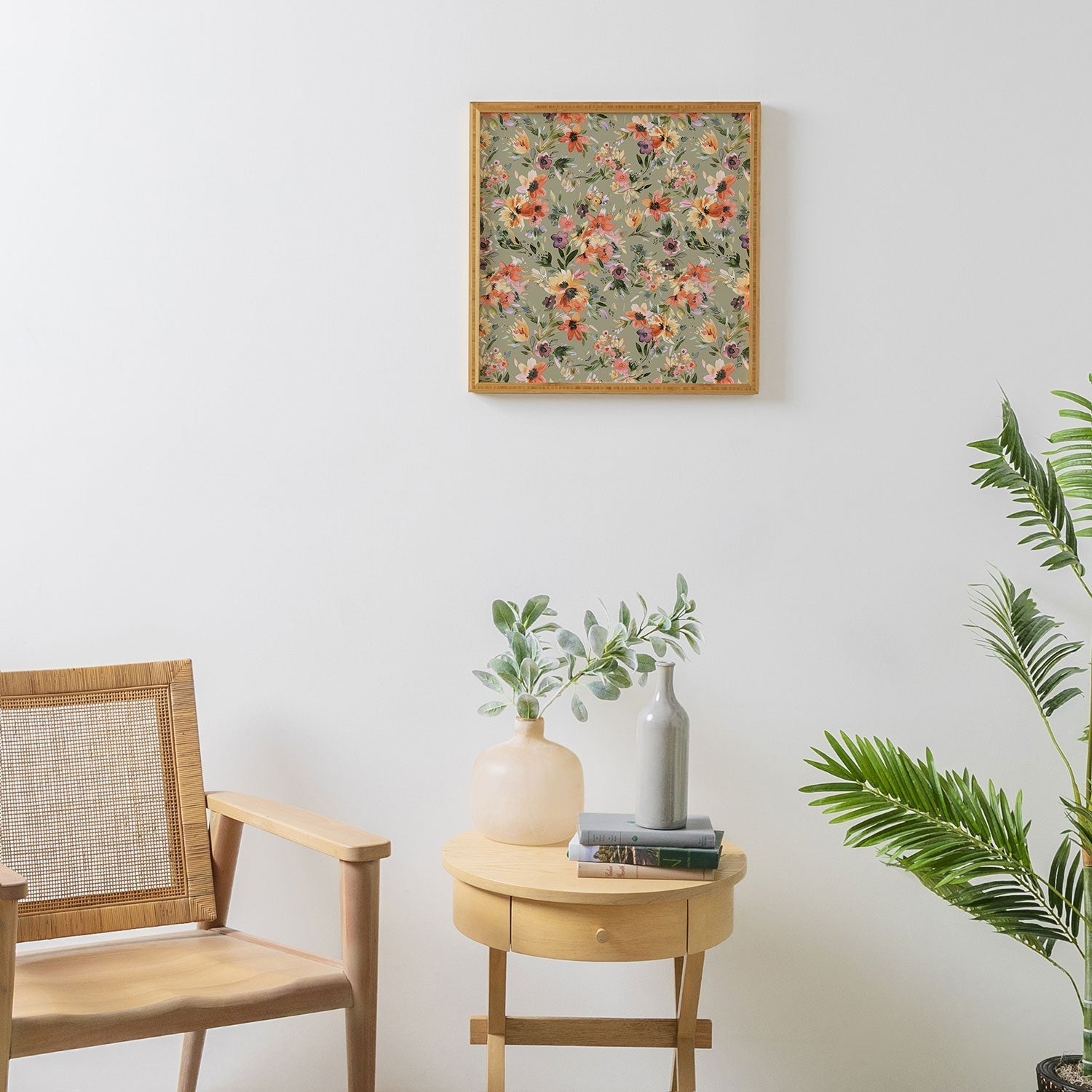 Ninola Design Botanic Retreat Painterly Tropical Flowers Sage Green Framed Wall Art