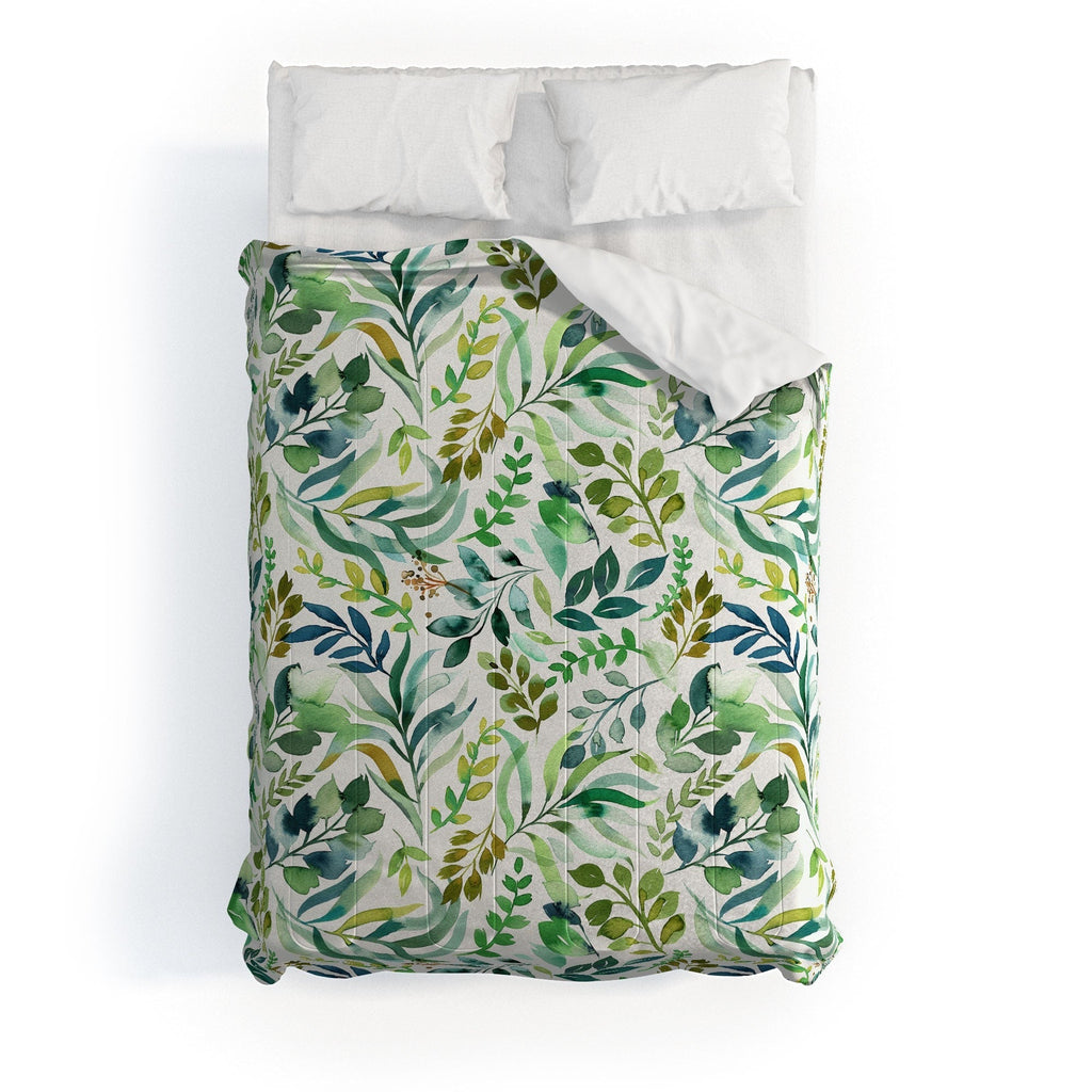 Ninola Design Botanic Retreat Loose Botanical Leaves Watercolor Green Comforter