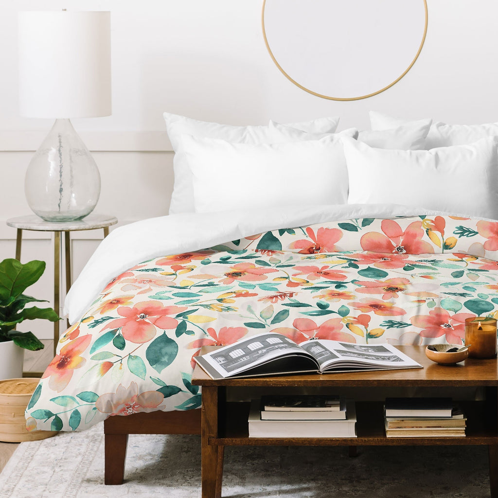 Ninola Design Botanic Retreat Tropical Whimsical Flowers Coral Green Duvet Cover