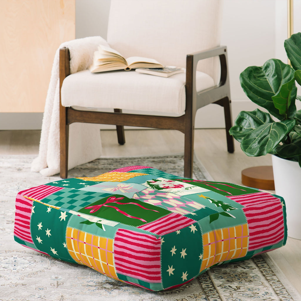 LouBruzzoni Cozy Christmas Patchwork Floor Pillow Square