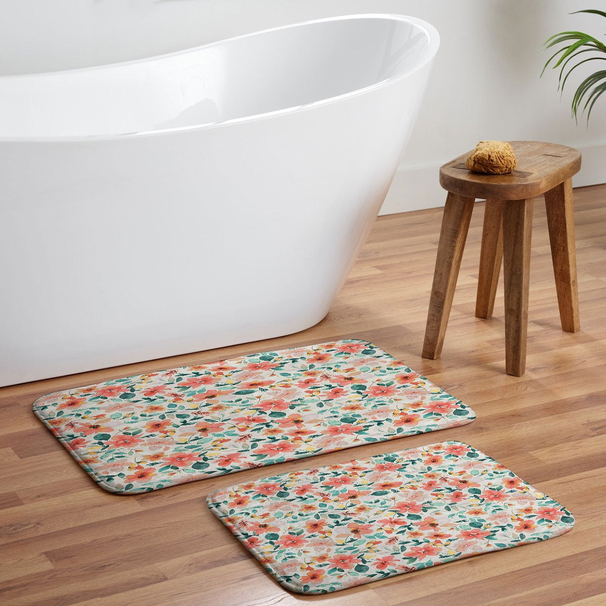 Ninola Design Botanic Retreat Tropical Whimsical Flowers Coral Green Memory Foam Bath Mat