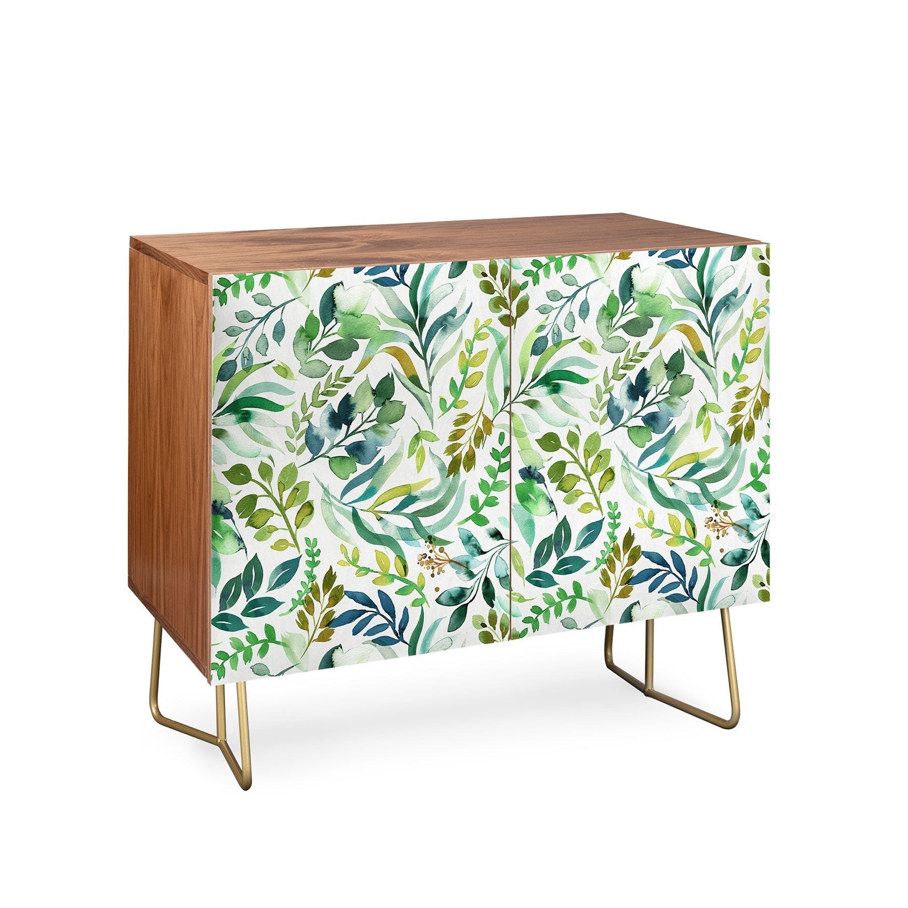 Ninola Design Botanic Retreat Loose Botanical Leaves Watercolor Green Credenza