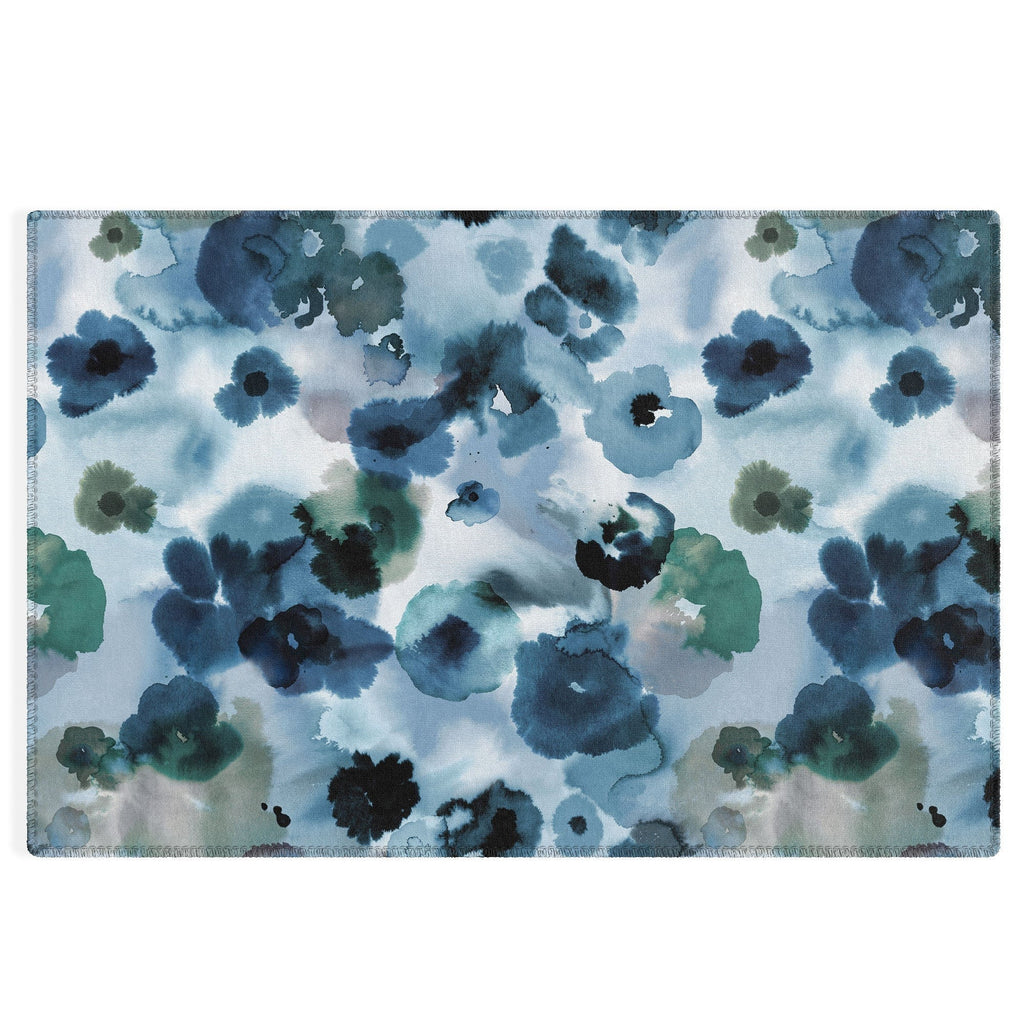 Ninola Design Botanic Retreat Ombre Abstract Watercolor Flowers Blue Navy Outdoor Rug
