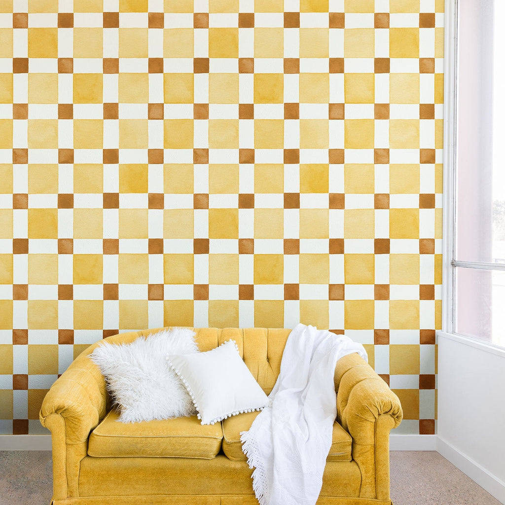 Ninola Design Everyday Artifact Checker Mosaic Tiles Geometry Yellow Wall Mural