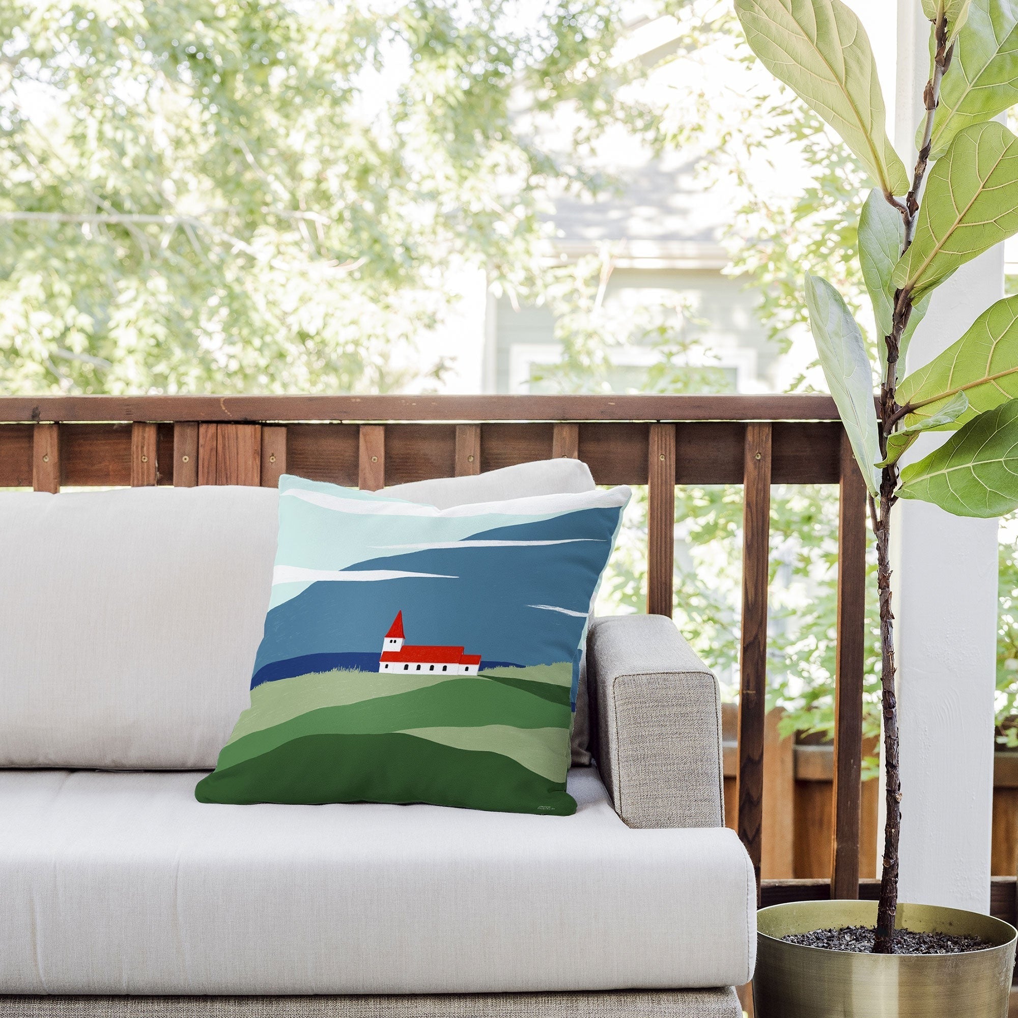 Valeria Frustaci Red roof in Iceland Outdoor Throw Pillow