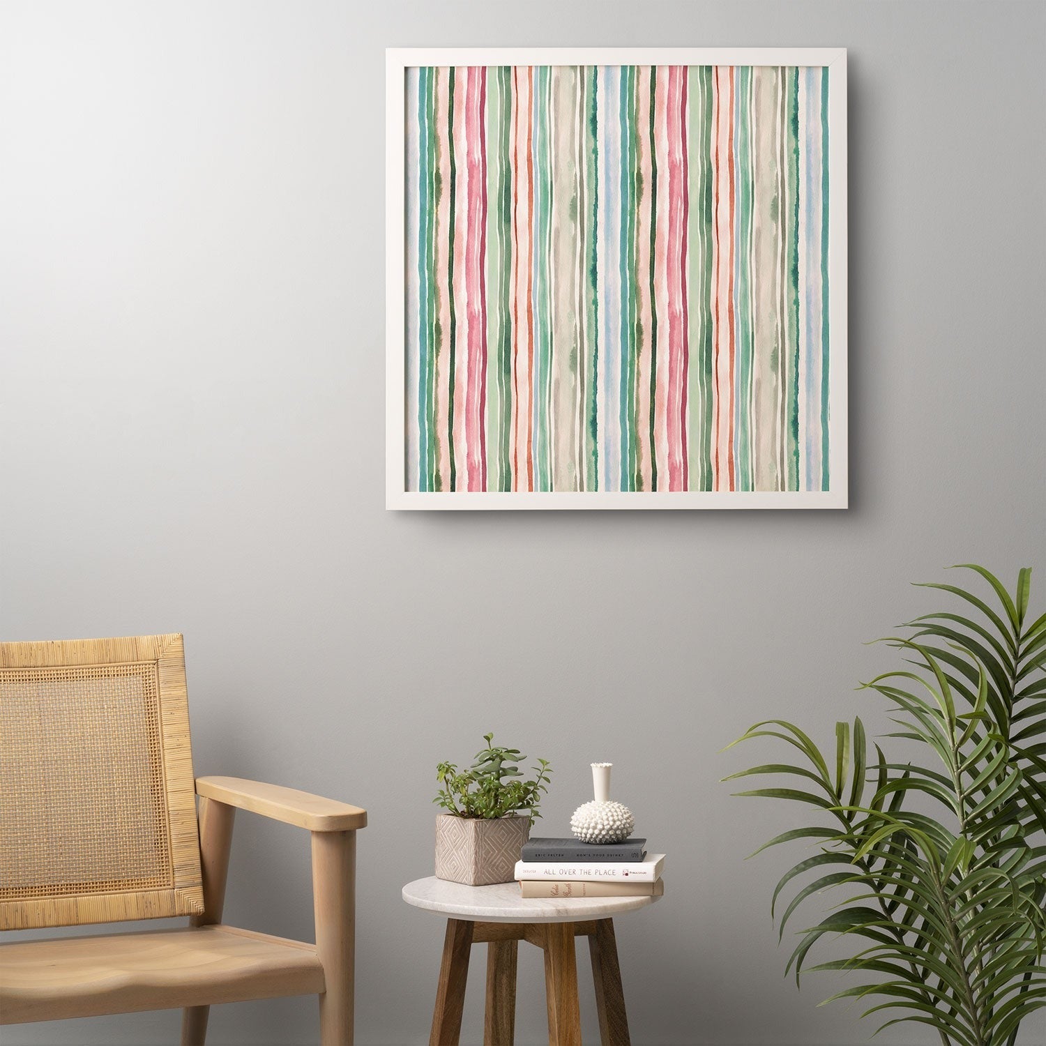 Ninola Design Botanic Retreat Watercolor Stripes Green Orange Red Framed Wall Art