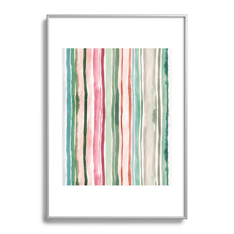Ninola Design Botanic Retreat Watercolor Stripes Green Orange Red Metal Framed Art Print