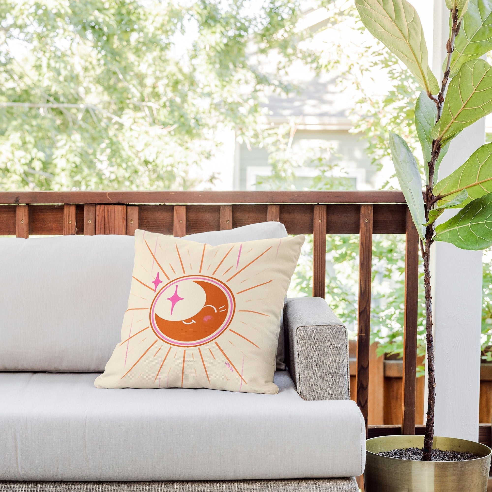 Little Om Celestial Moon cream Outdoor Throw Pillow