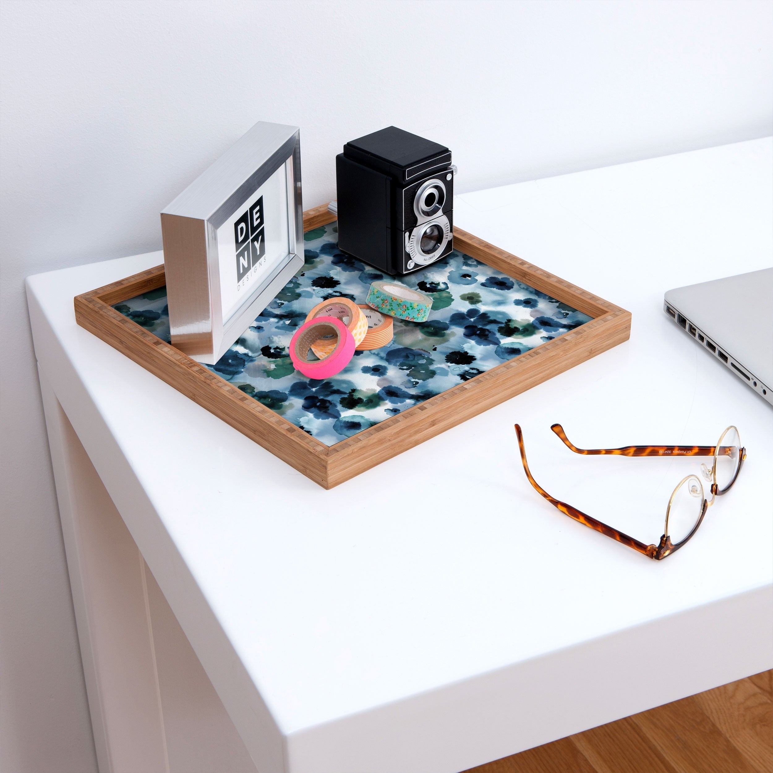 Ninola Design Botanic Retreat Ombre Abstract Watercolor Flowers Blue Navy Square Tray