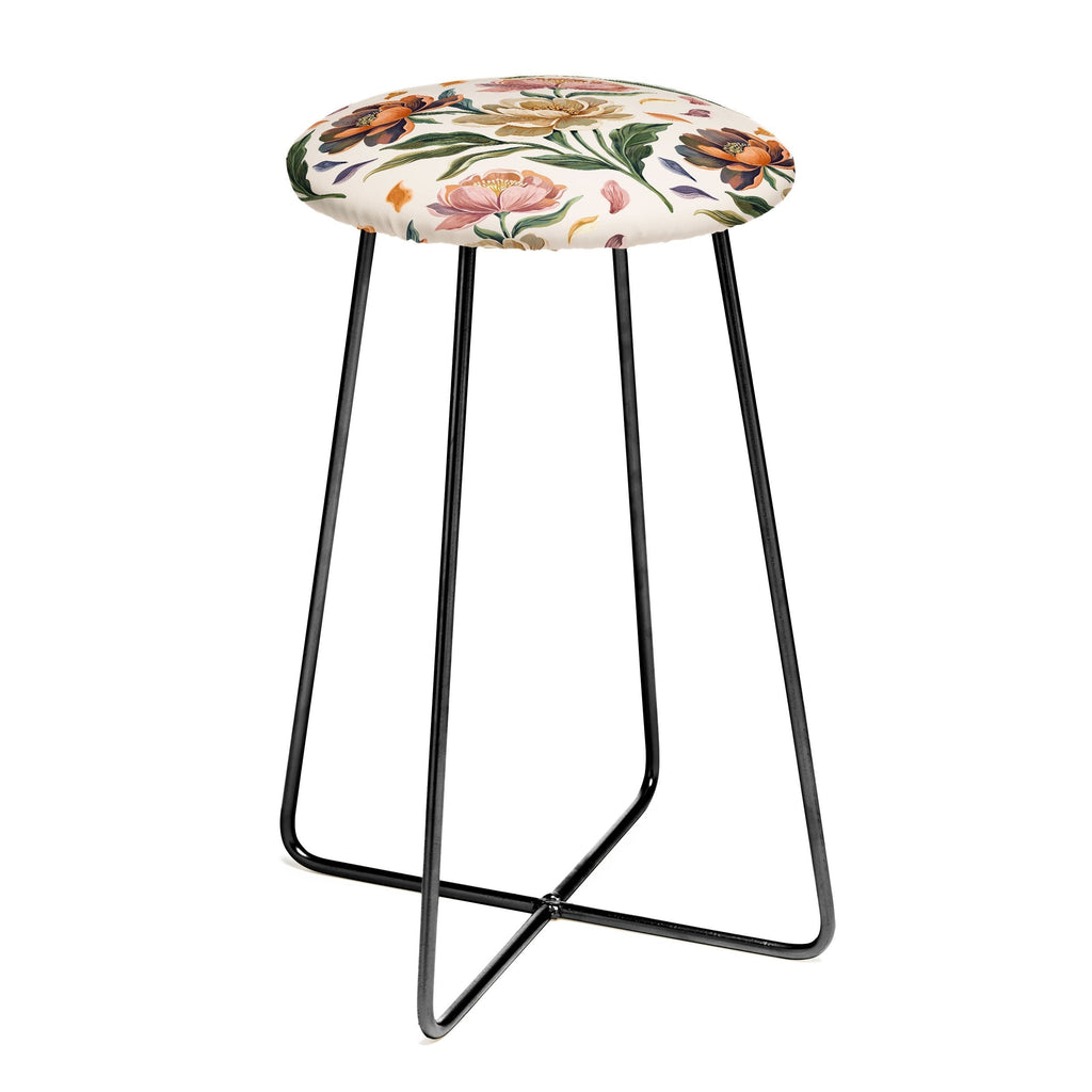 Marta Barragan Camarasa Hand Painted Peony Florals Counter Stool