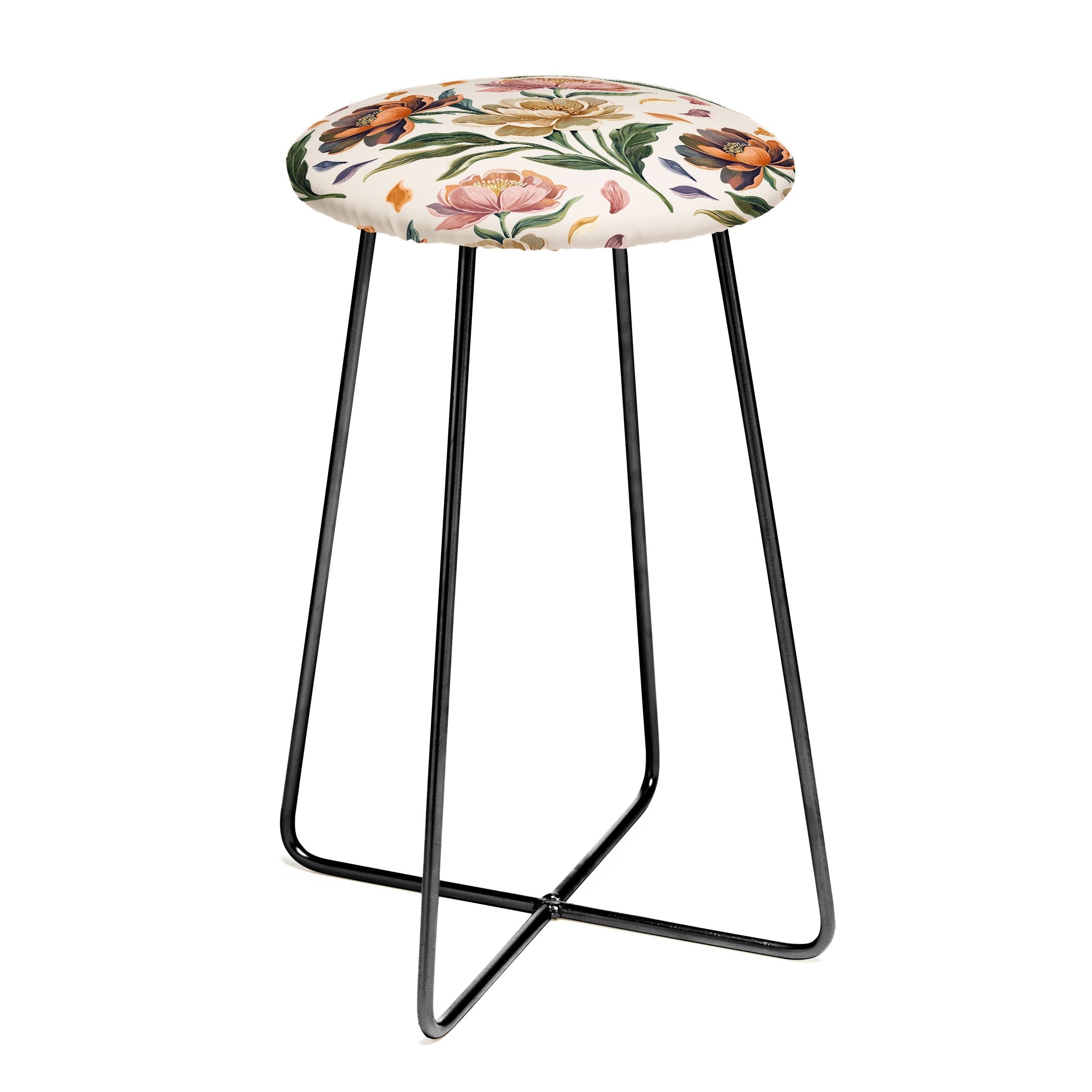 Marta Barragan Camarasa Hand Painted Peony Florals Counter Stool