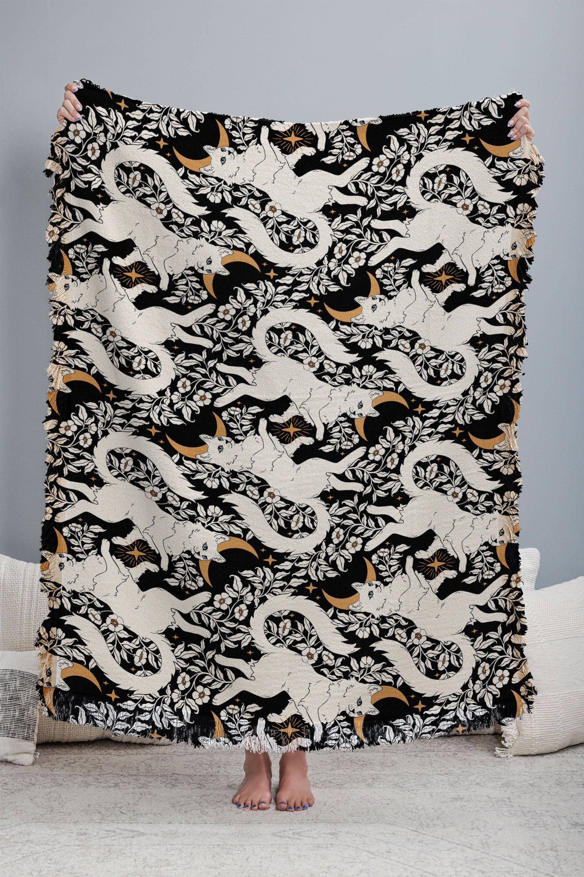 Avenie Celestial Cats Gold Throw Blanket