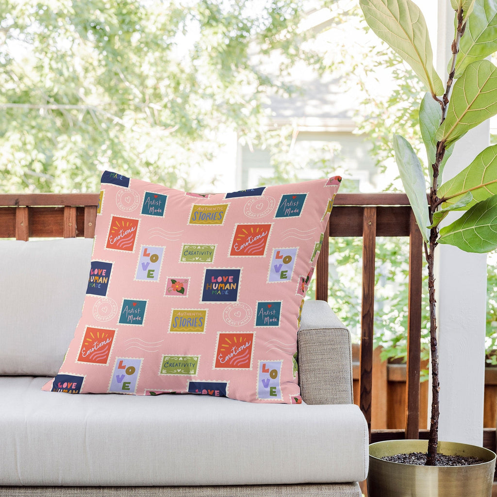 Design by Spark Love Human Made Stamps Outdoor Throw Pillow