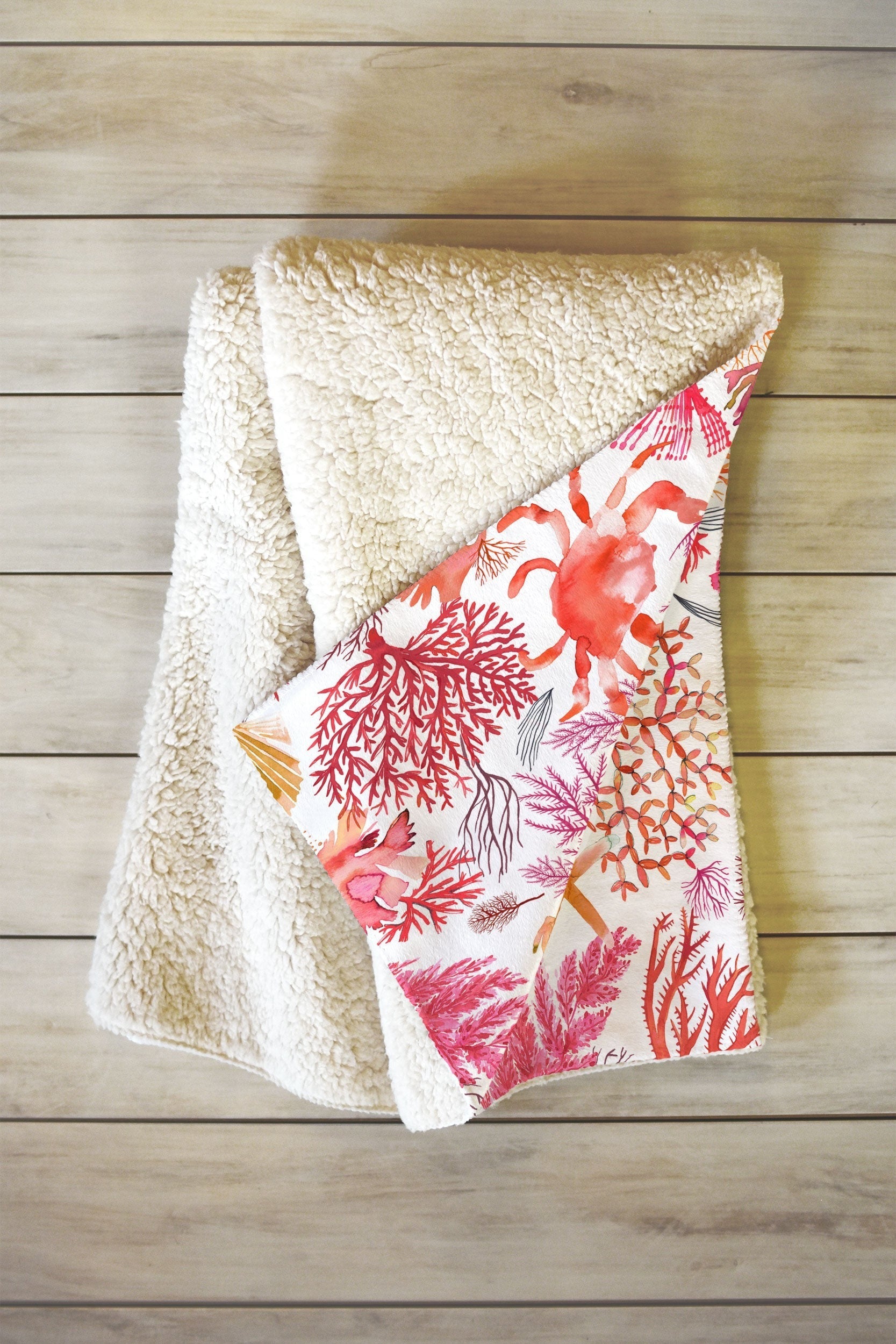 Ninola Design Botanic Retreat Coral Reef Crab Lobster Red Fleece Throw Blanket