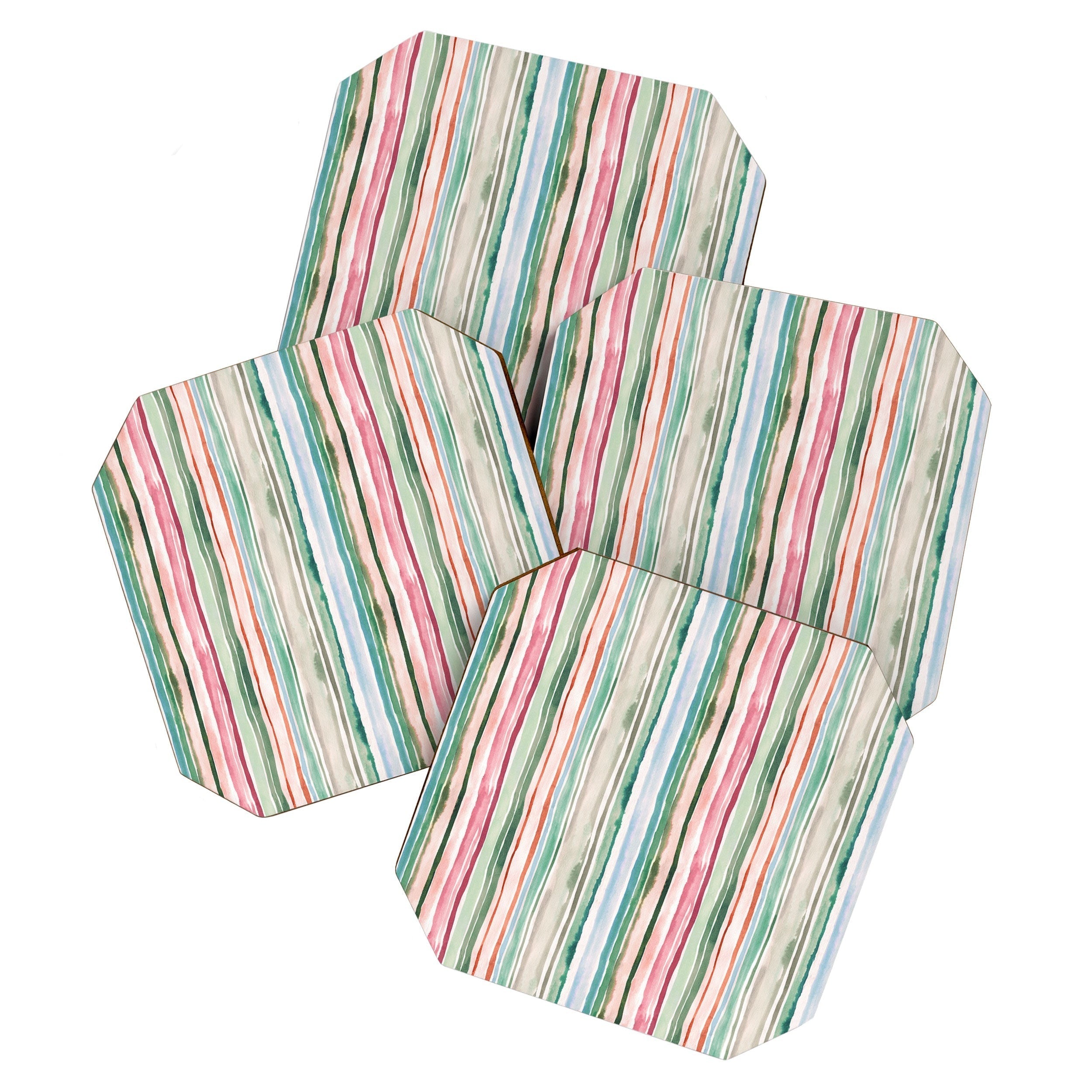 Ninola Design Botanic Retreat Watercolor Stripes Green Orange Red Coaster Set