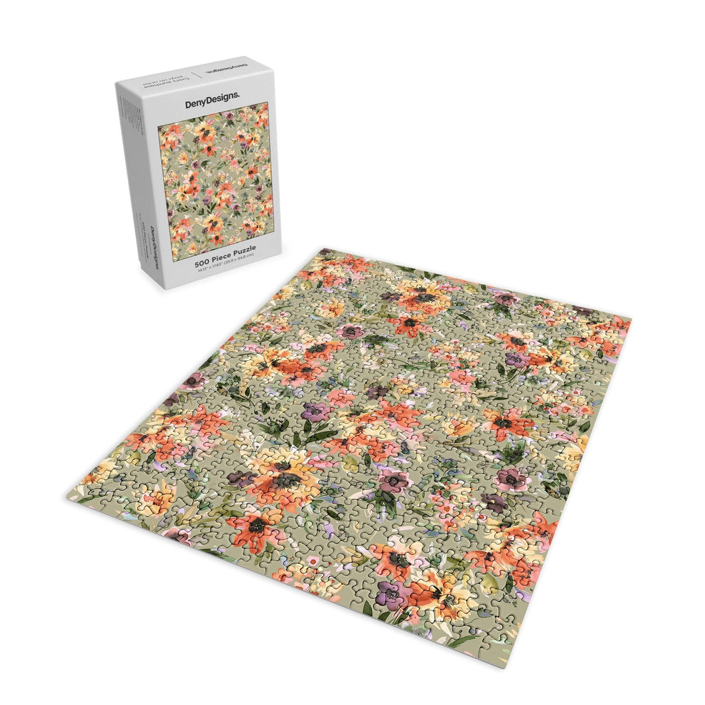 Ninola Design Botanic Retreat Painterly Tropical Flowers Sage Green Puzzle
