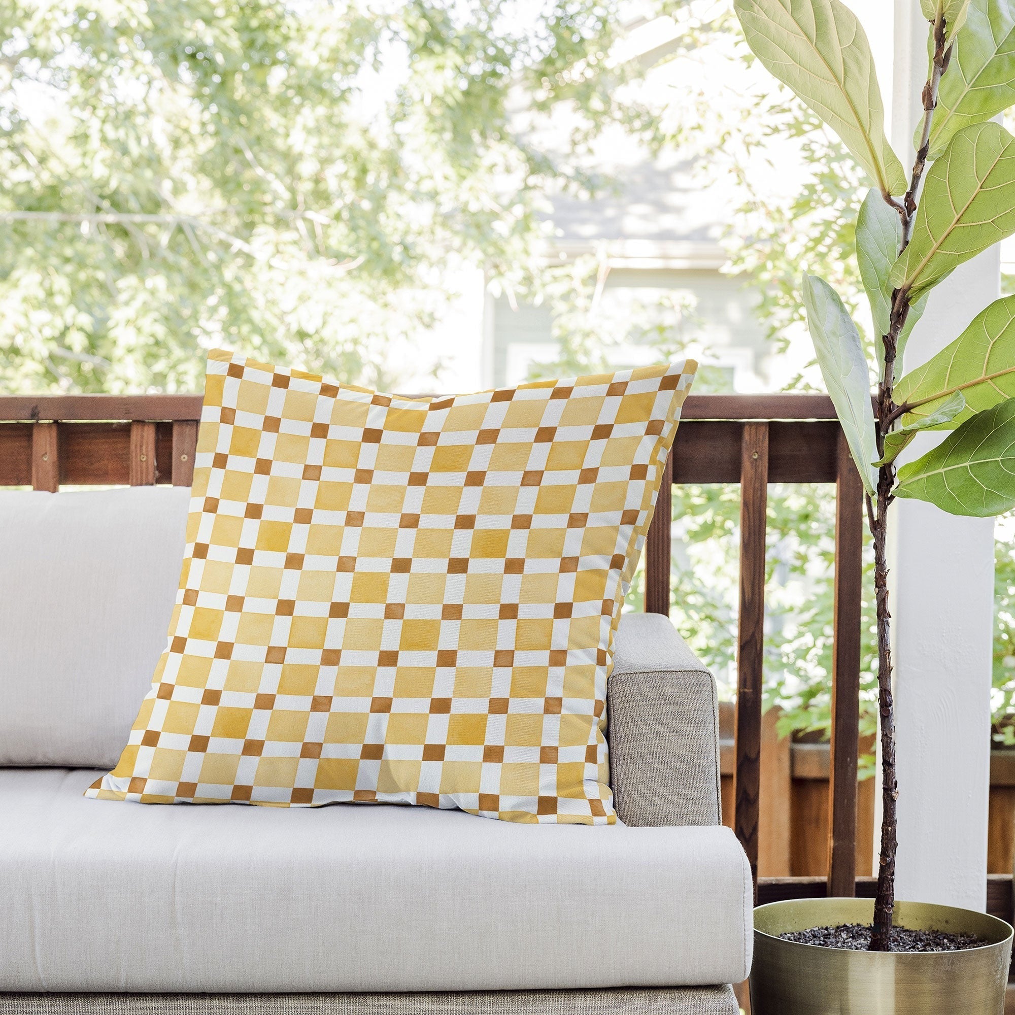 Ninola Design Everyday Artifact Checker Mosaic Tiles Geometry Yellow Outdoor Throw Pillow