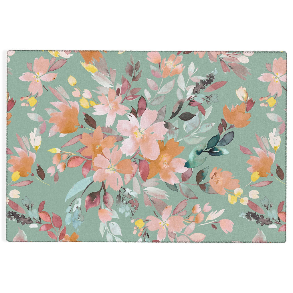 Ninola Design Botanic Retreat Floral Oleander Whimsical Teal Green Outdoor Rug