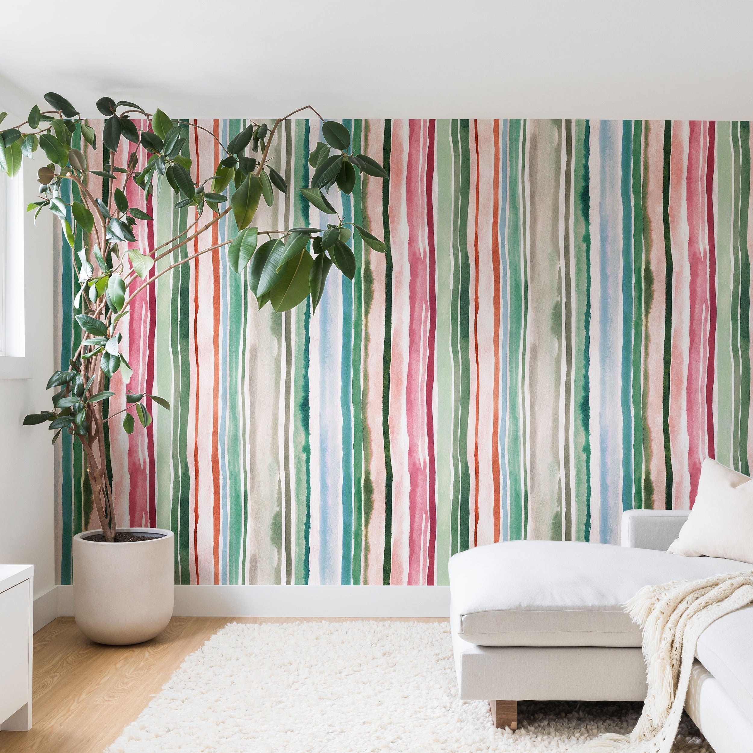 Ninola Design Botanic Retreat Watercolor Stripes Green Orange Red Wall Mural