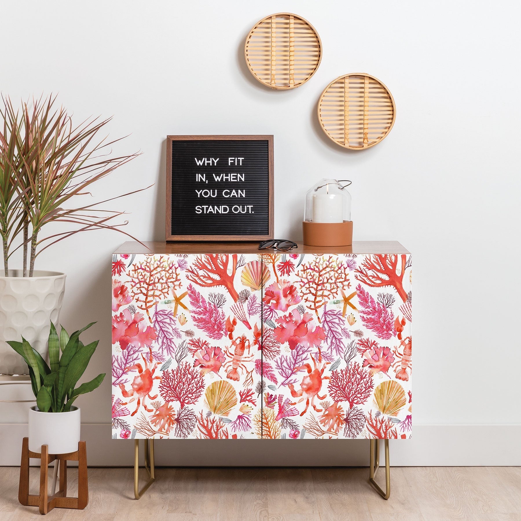 Ninola Design Botanic Retreat Coral Reef Crab Lobster Red Credenza
