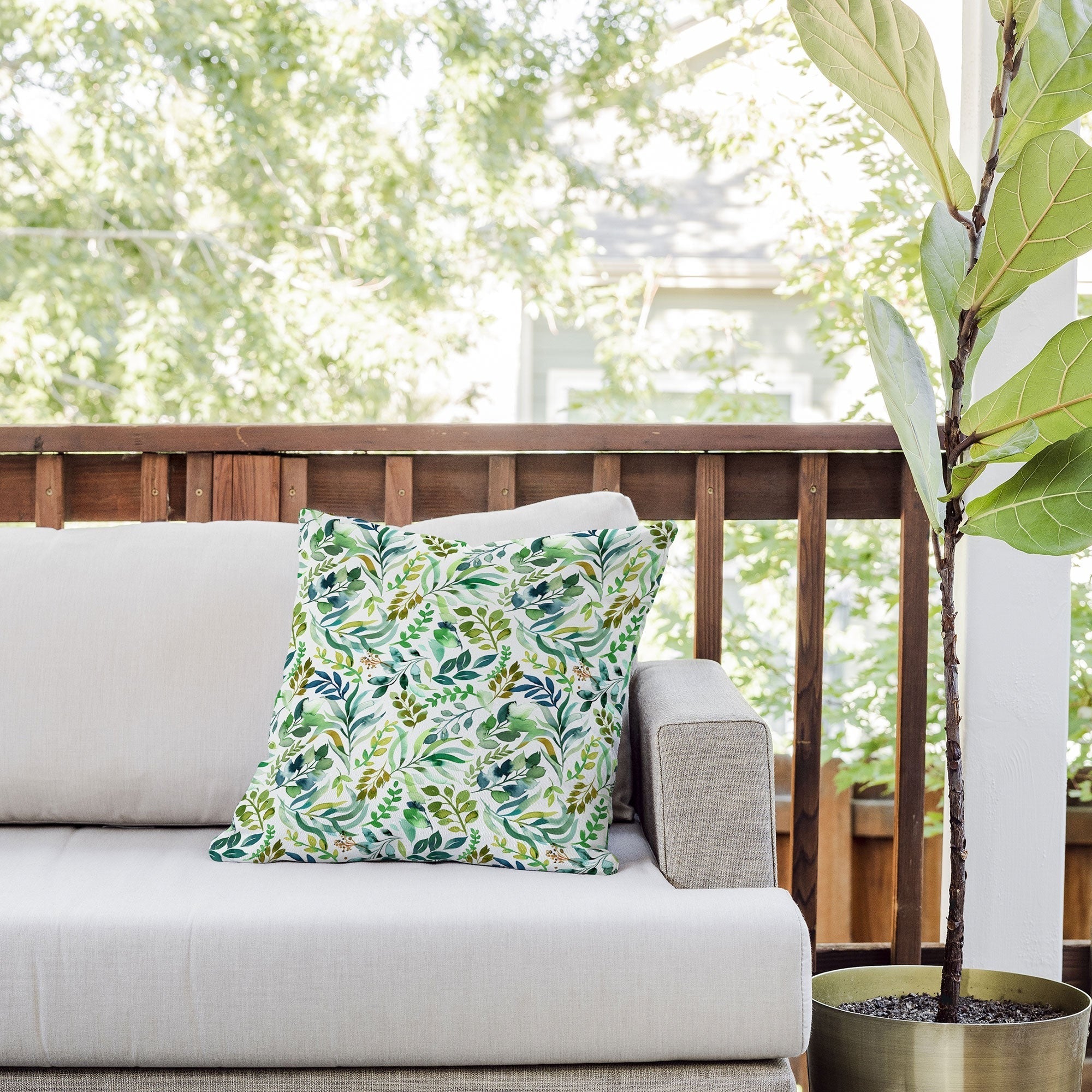 Ninola Design Botanic Retreat Loose Botanical Leaves Watercolor Green Outdoor Throw Pillow