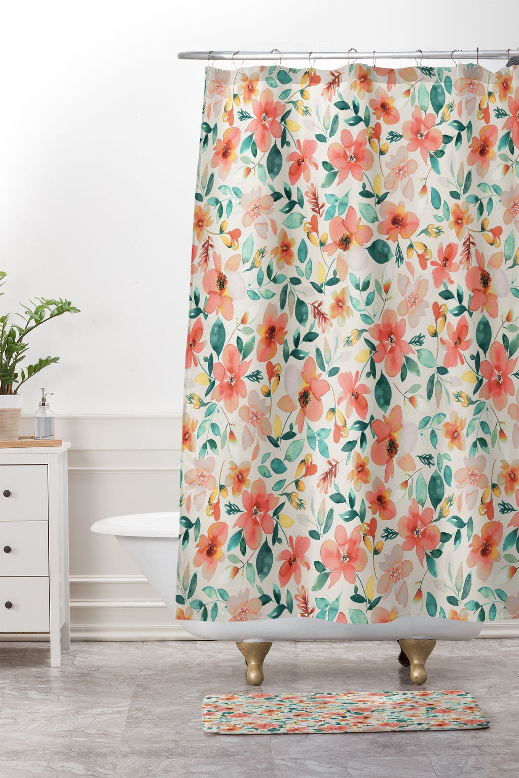 Ninola Design Botanic Retreat Tropical Whimsical Flowers Coral Green Memory Foam Bath Mat