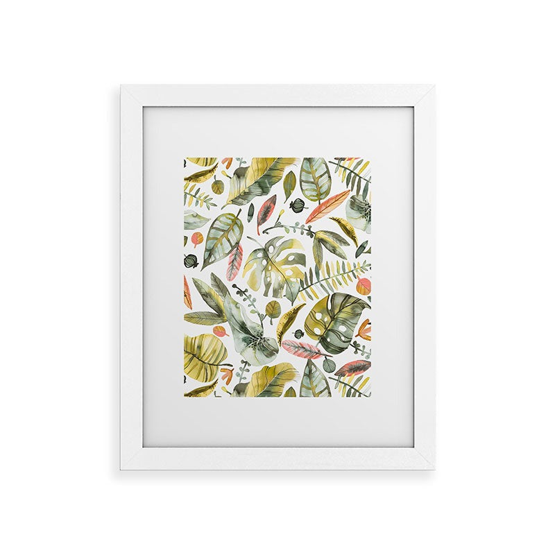Ninola Design Botanic Retreat Tropical Jungle Leaves Botanical Green Orange Framed Art Print