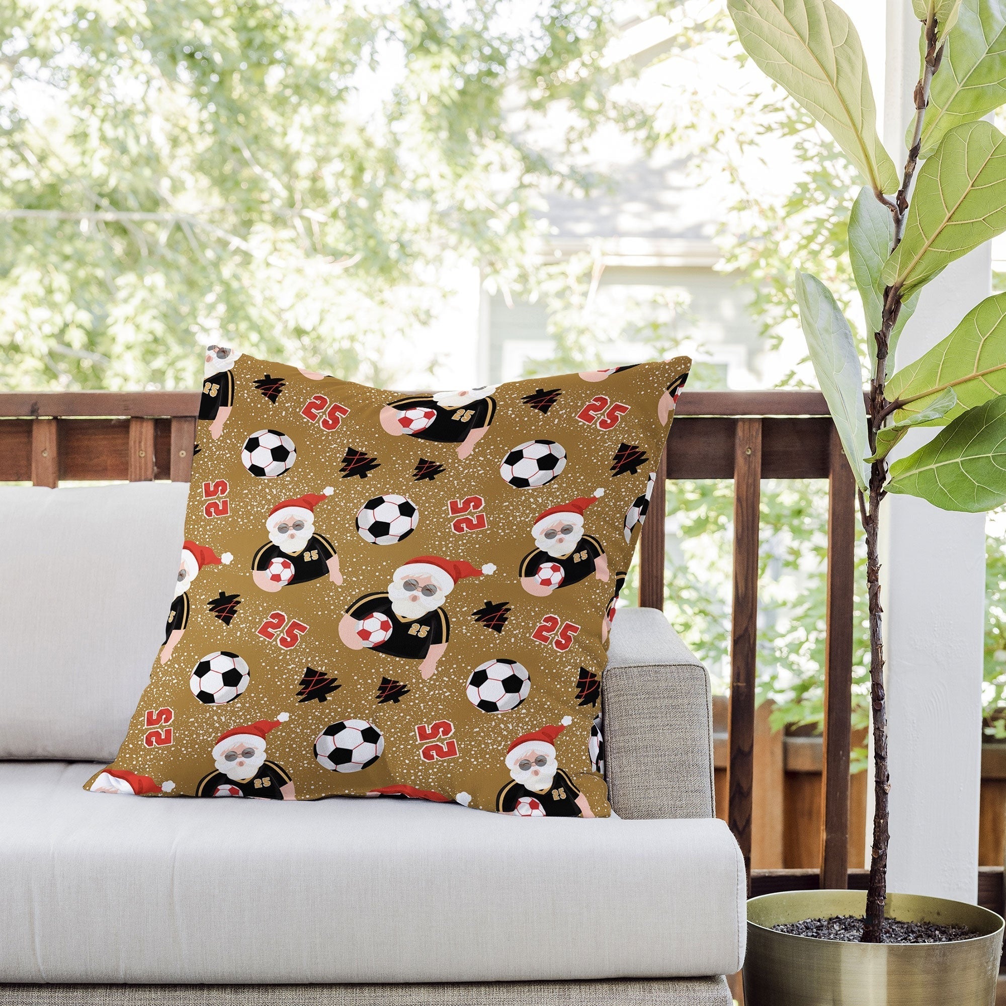 Design by Spark Sporty Soccer Santa Holiday Outdoor Throw Pillow