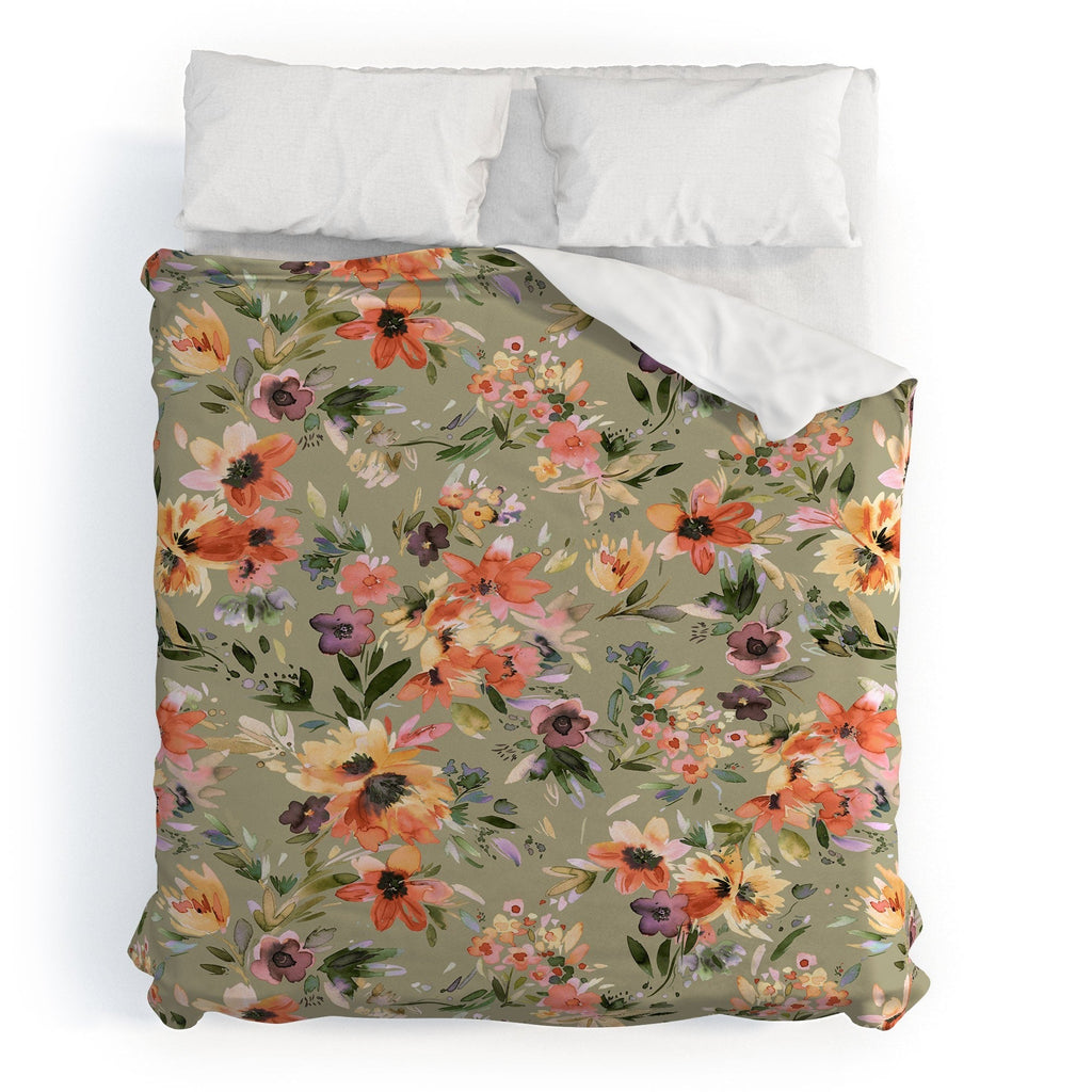 Ninola Design Botanic Retreat Painterly Tropical Flowers Sage Green Duvet Cover