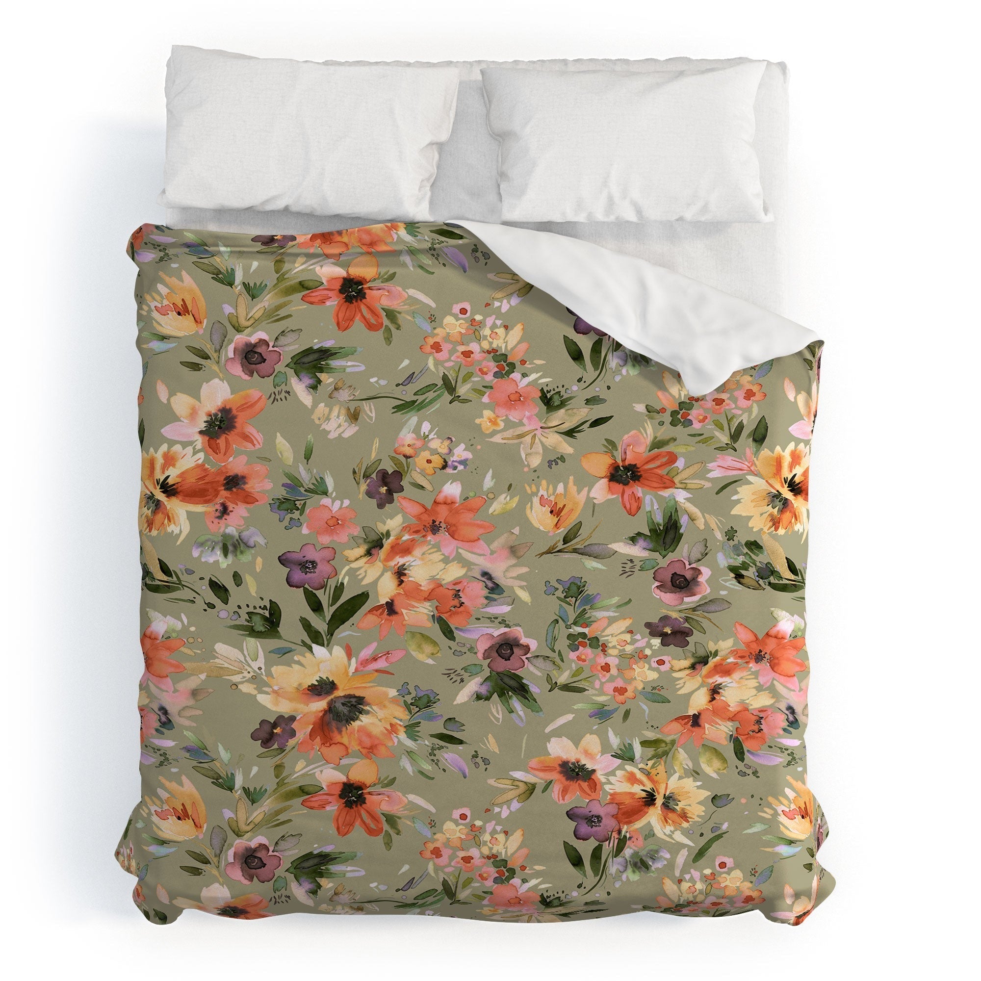 Ninola Design Botanic Retreat Painterly Tropical Flowers Sage Green Duvet Cover