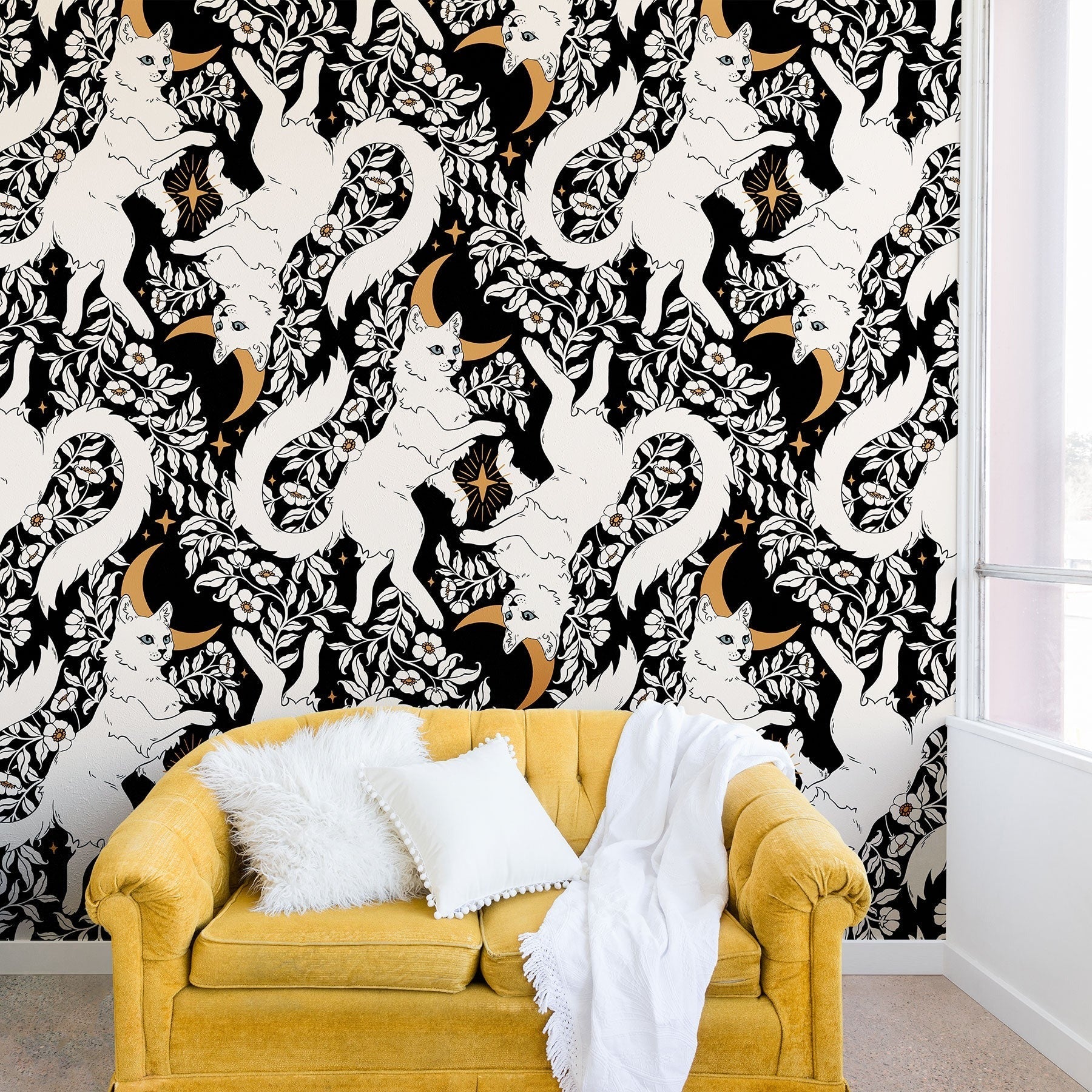 Avenie Celestial Cats Gold Wall Mural