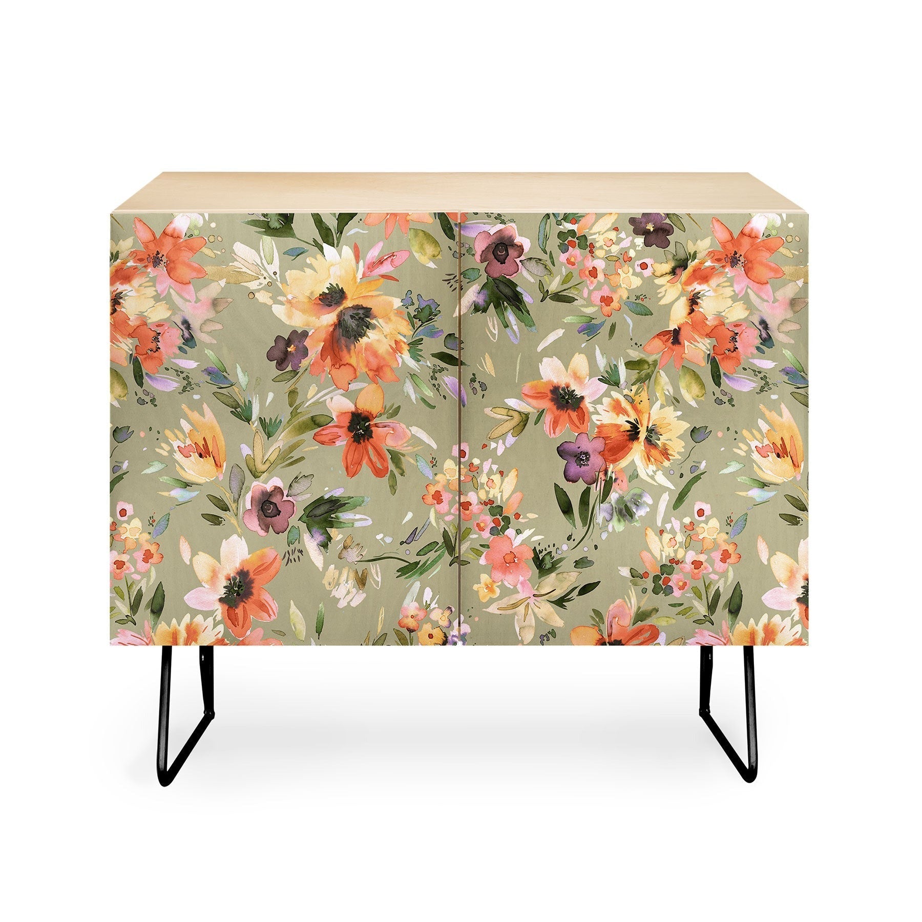 Ninola Design Botanic Retreat Painterly Tropical Flowers Sage Green Credenza