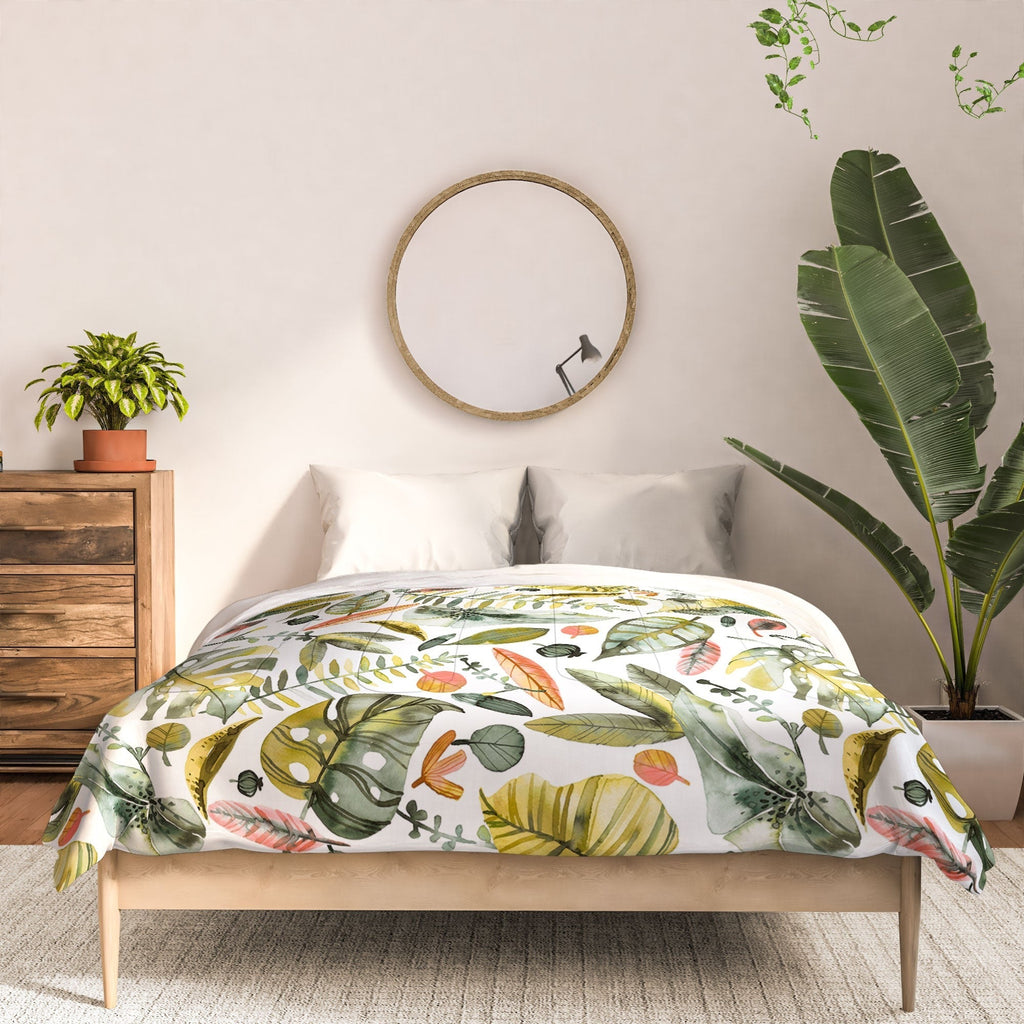 Ninola Design Botanic Retreat Tropical Jungle Leaves Botanical Green Orange Comforter