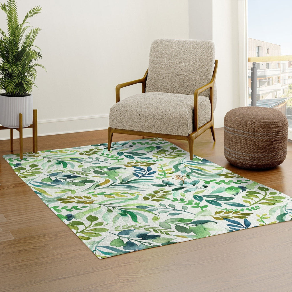 Ninola Design Botanic Retreat Loose Botanical Leaves Watercolor Green Area Rug