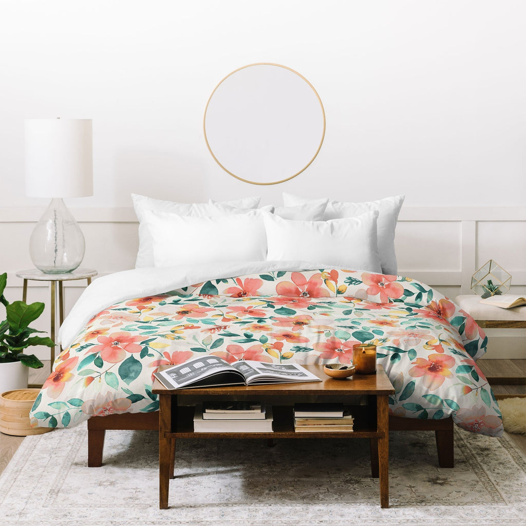 Ninola Design Botanic Retreat Tropical Whimsical Flowers Coral Green Duvet Cover