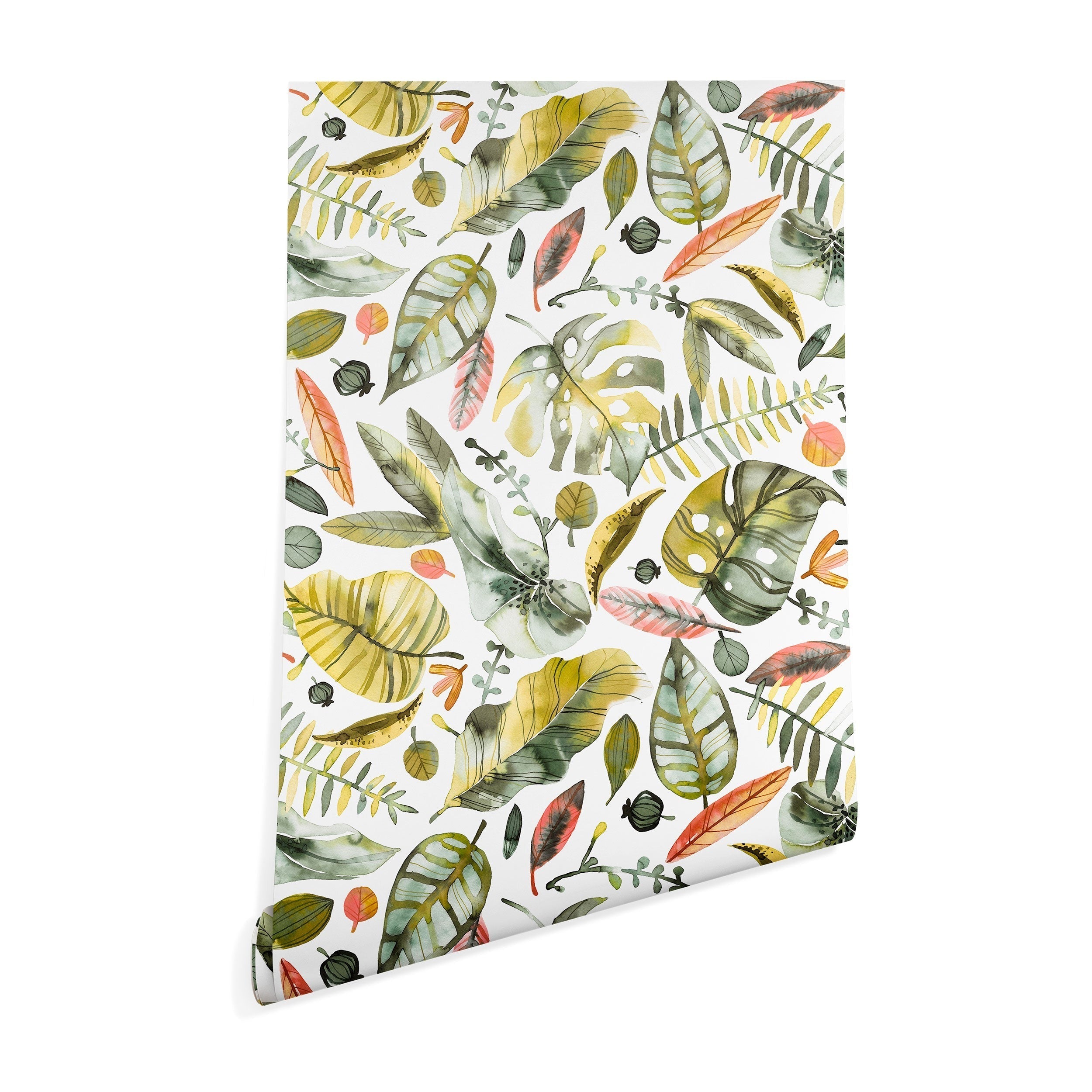 Ninola Design Botanic Retreat Tropical Jungle Leaves Botanical Green Orange Wallpaper