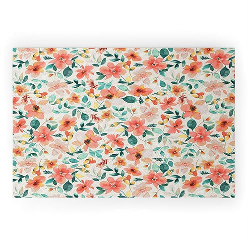 Ninola Design Botanic Retreat Tropical Whimsical Flowers Coral Green Welcome Mat