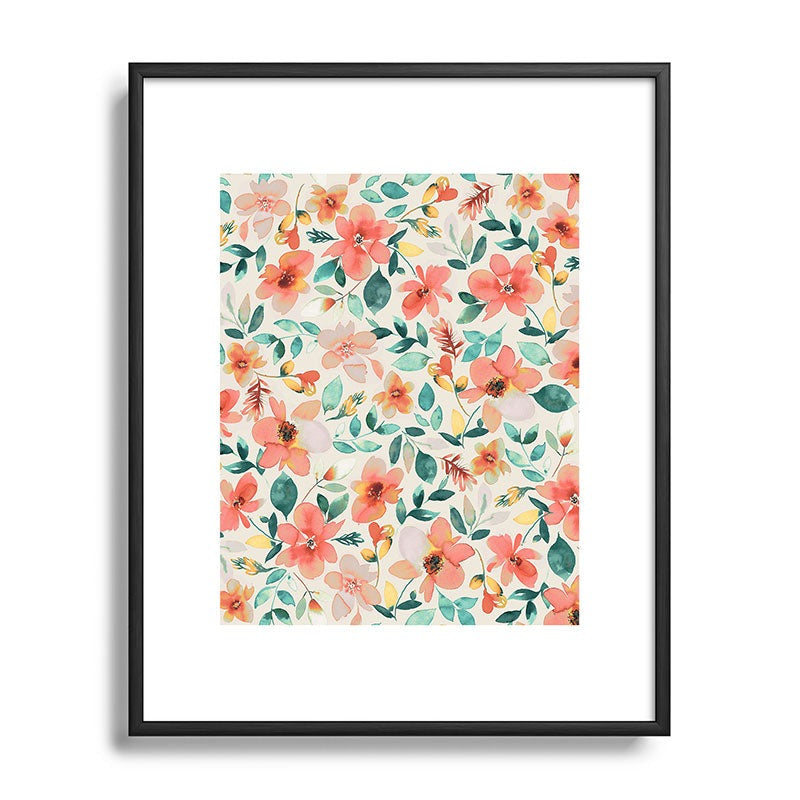 Ninola Design Botanic Retreat Tropical Whimsical Flowers Coral Green Metal Framed Art Print