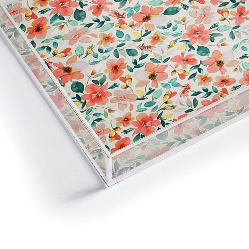 Ninola Design Botanic Retreat Tropical Whimsical Flowers Coral Green Acrylic Tray