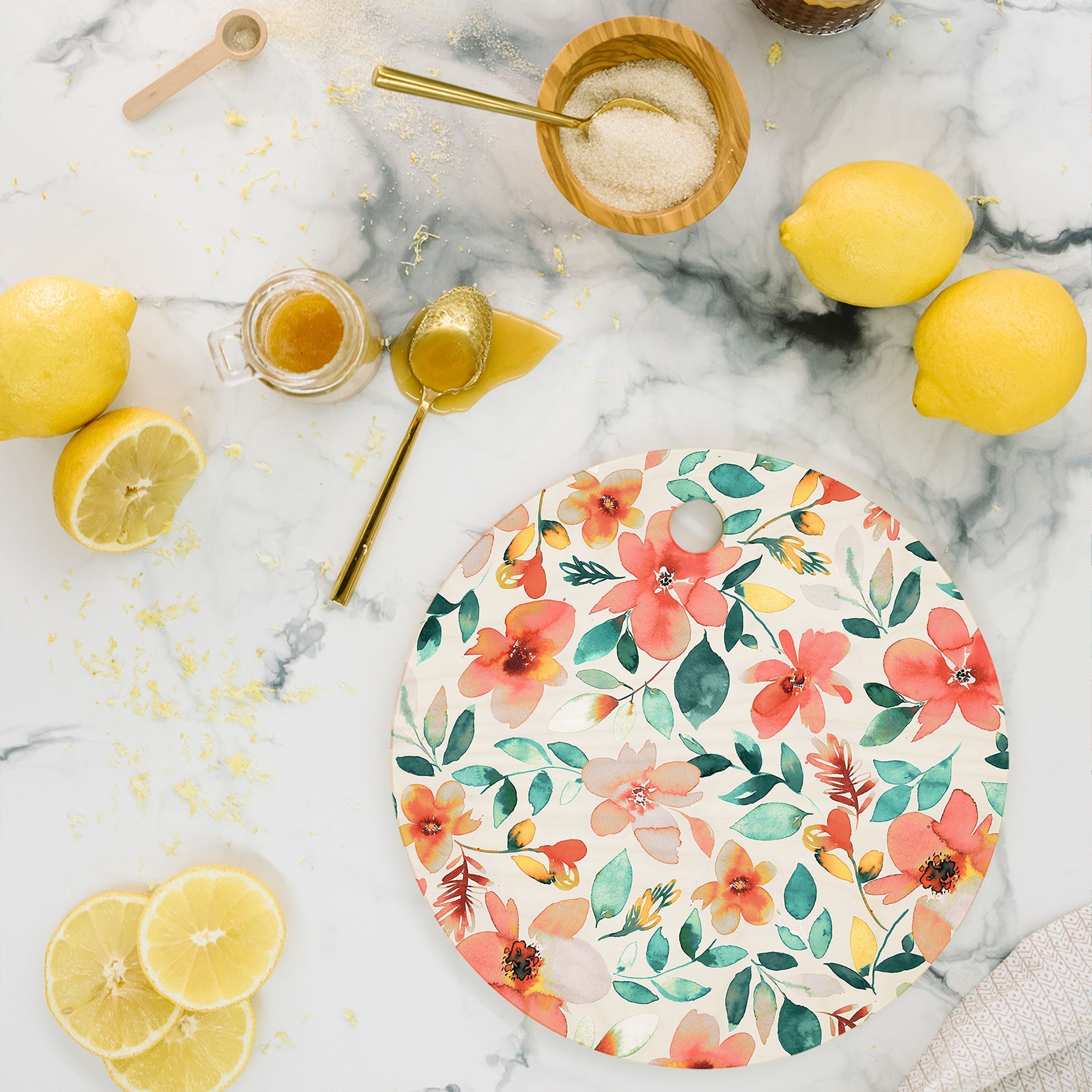 Ninola Design Botanic Retreat Tropical Whimsical Flowers Coral Green Cutting Board Round