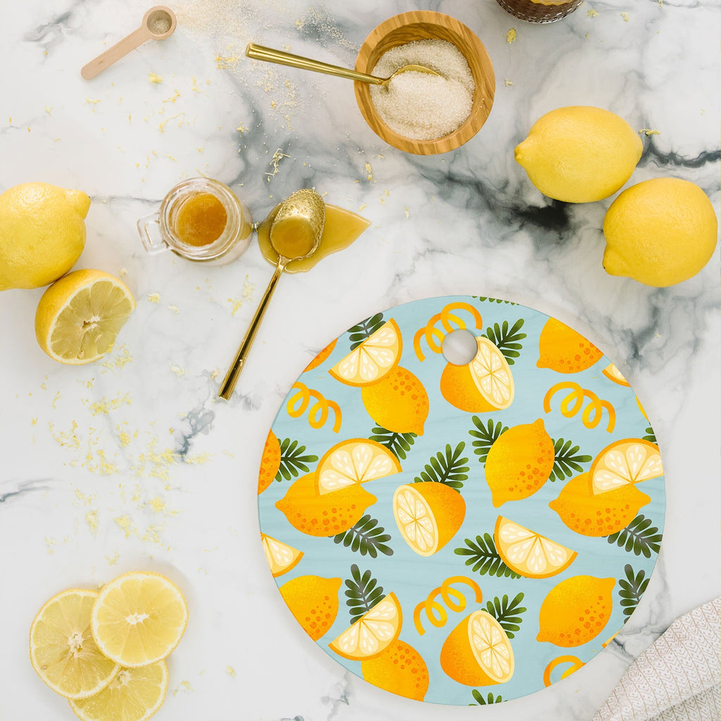 Jessica Molina Lemon Pattern on Sky Blue Cutting Board Round