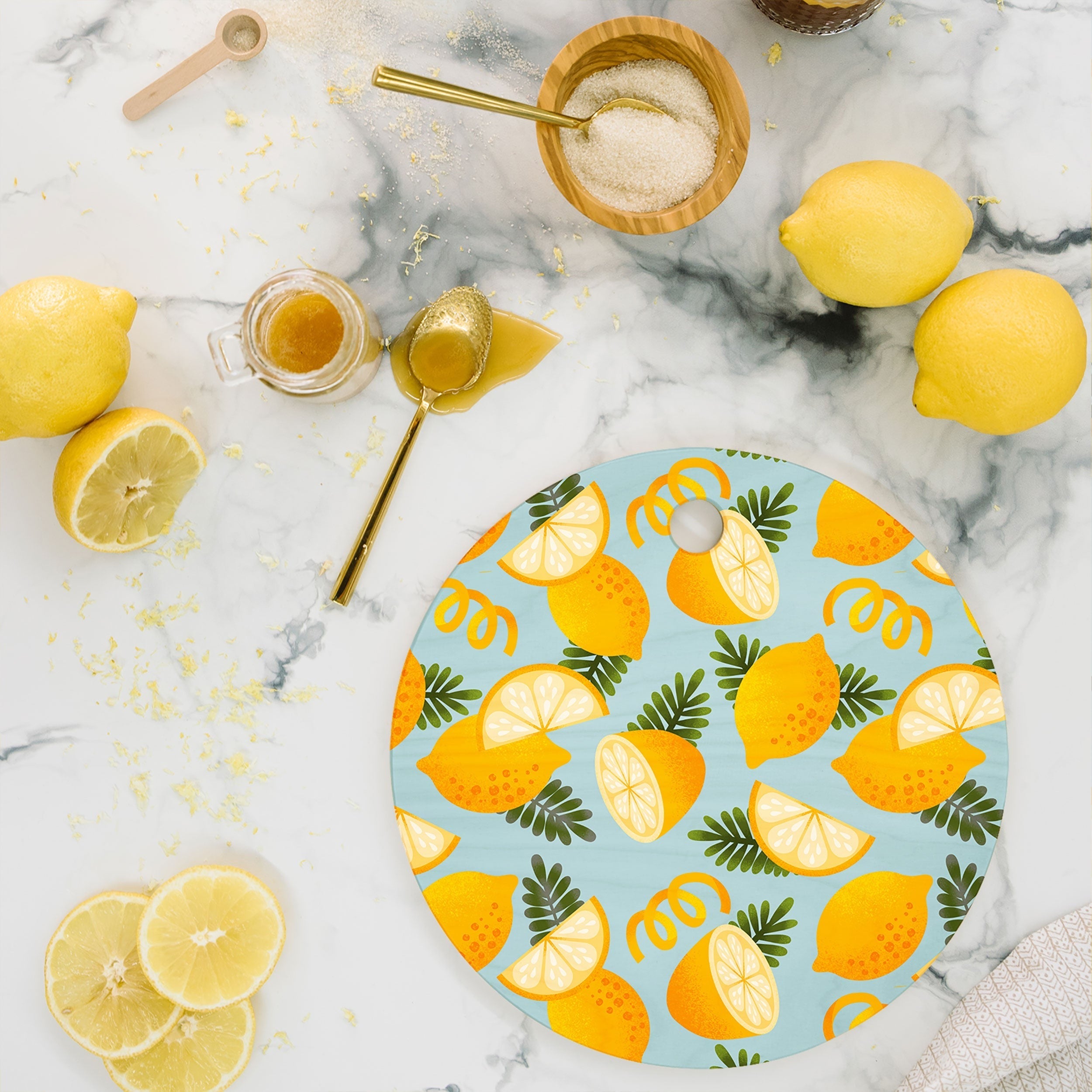Jessica Molina Lemon Pattern on Sky Blue Cutting Board Round