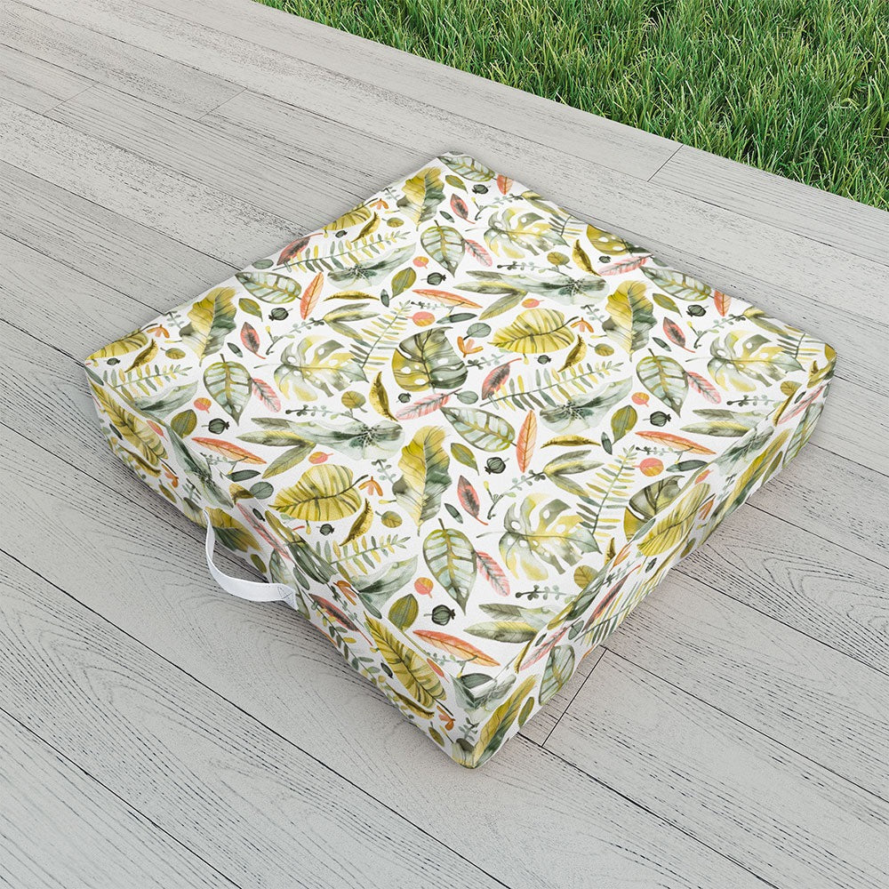 Ninola Design Botanic Retreat Tropical Jungle Leaves Botanical Green Orange Outdoor Floor Cushion
