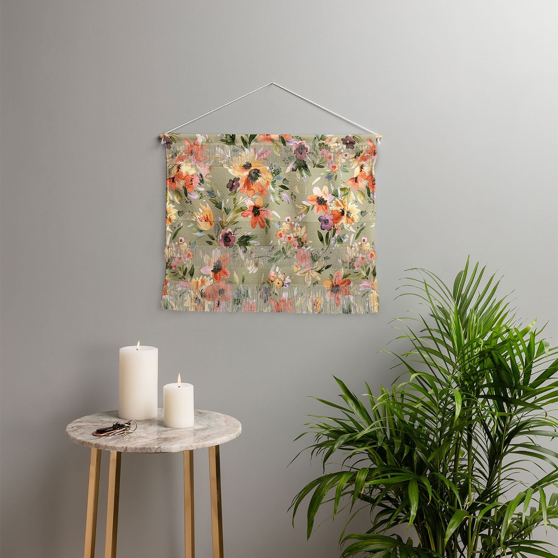 Ninola Design Botanic Retreat Painterly Tropical Flowers Sage Green Wall Hanging Landscape
